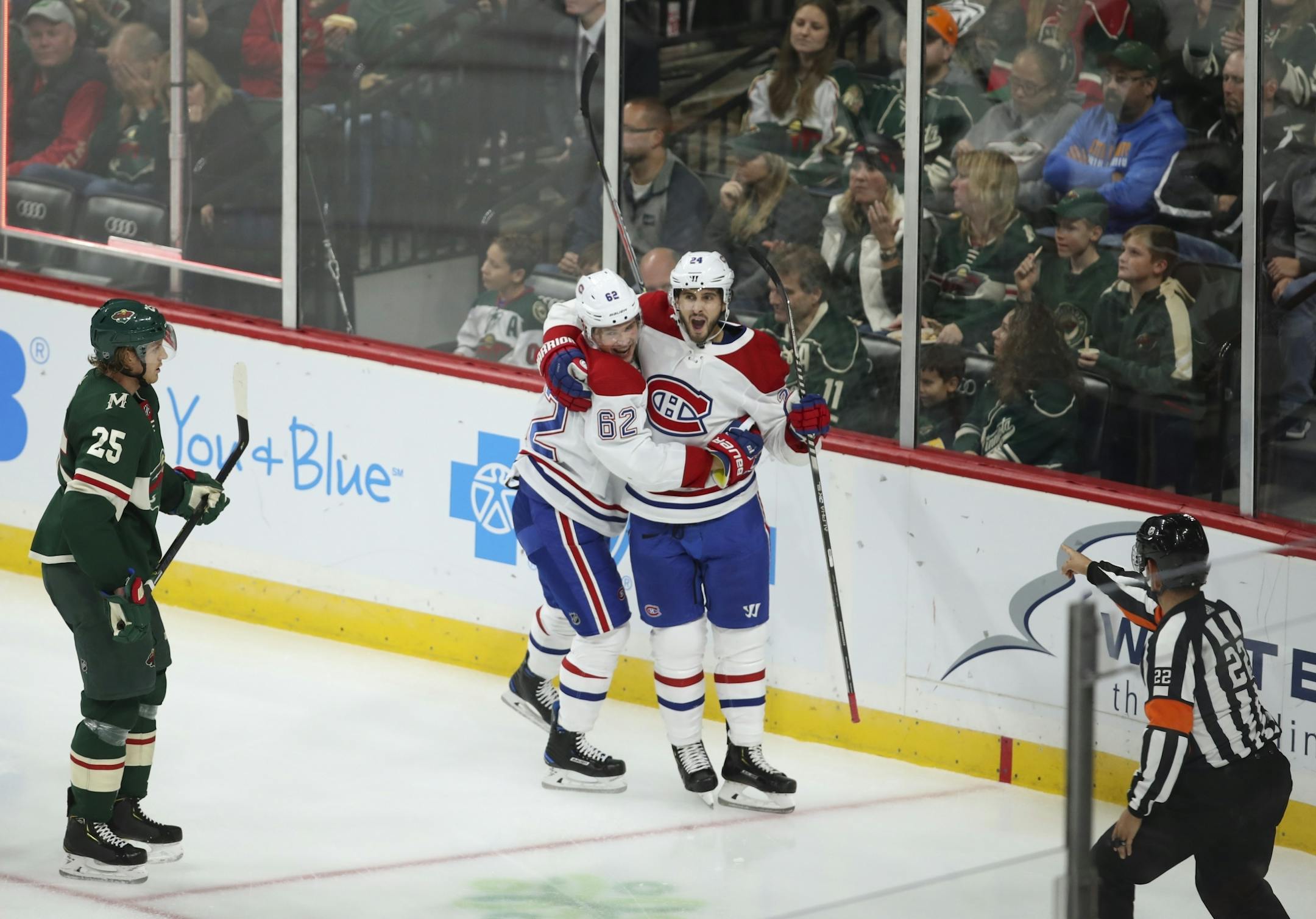 Montreal Canadiens left wing Phillip Danault (24) was congratulated by teammate Artturi Lehkonen (62) on his go ahead goal in the second period.