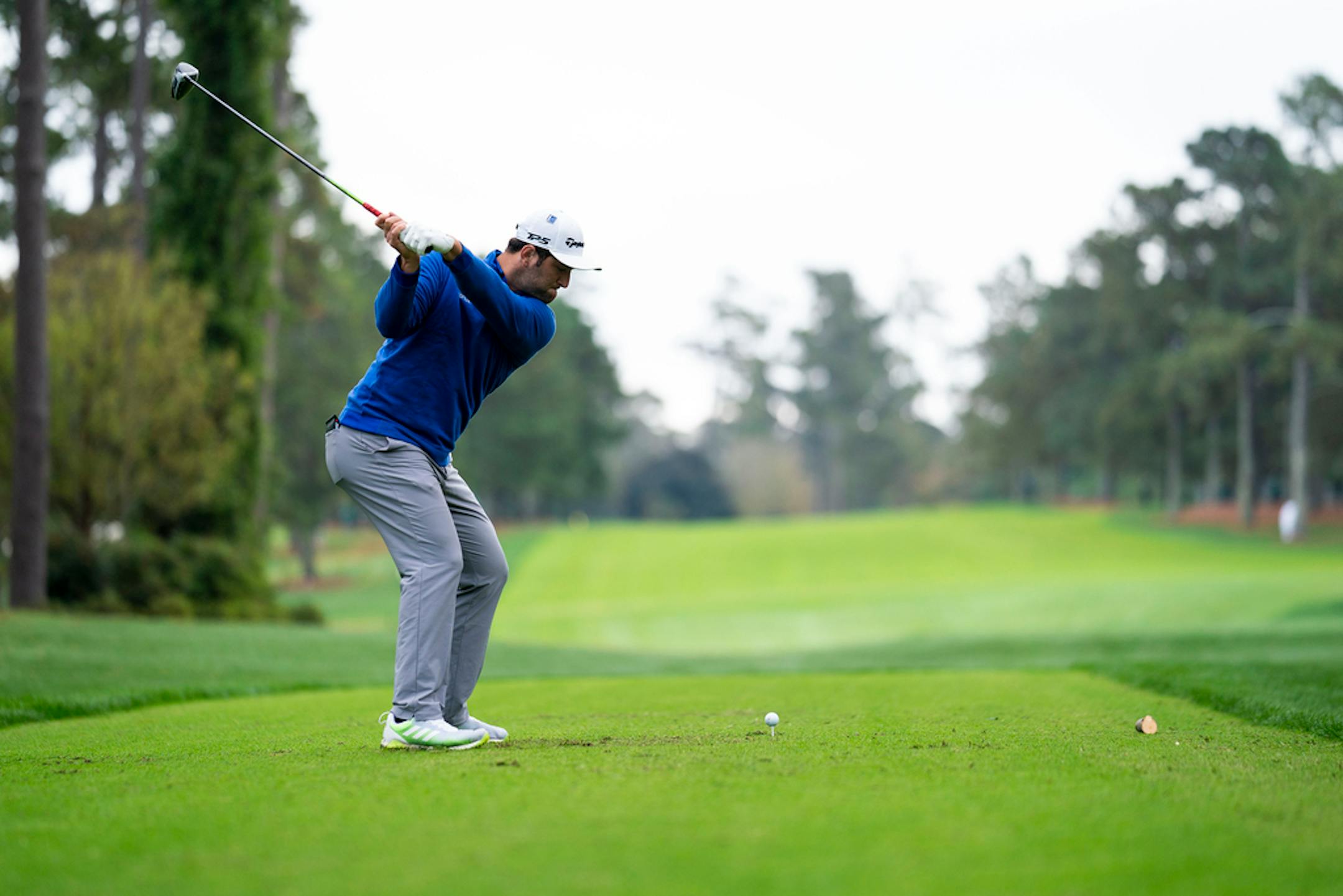 Jon Rahm hits on the 17th tee as round two is resumed at the Masters Tournament in Augusta, Ga., on Saturday, Nov. 14, 2020. (Doug Mills/The New York Times)