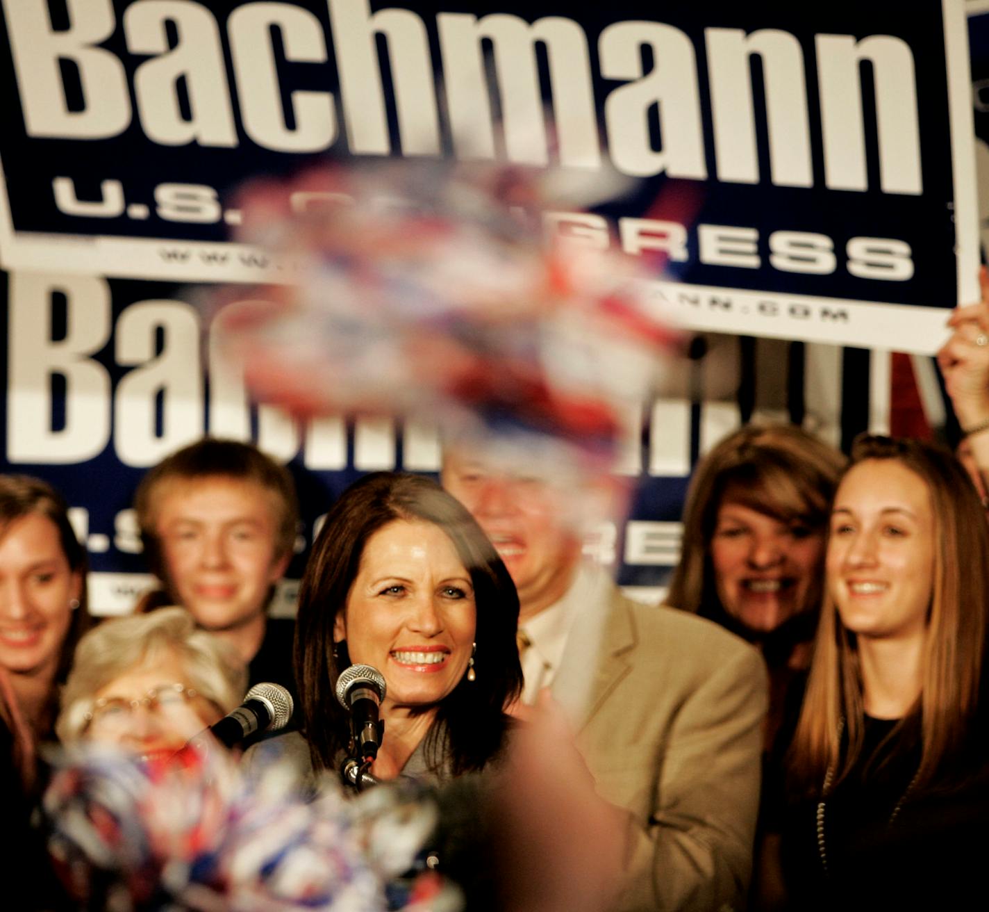 Congresswoman Michele Bachmann delivered her victory speech at the GOP election night gathering at the Bloomington Sheraton. She defeated DFL challenger Elwin Tinklenberg 46 percent to 43 percent. Observers say her "no" vote on the bailout was a plus. Her husband, Marcus, stood directly behind her.