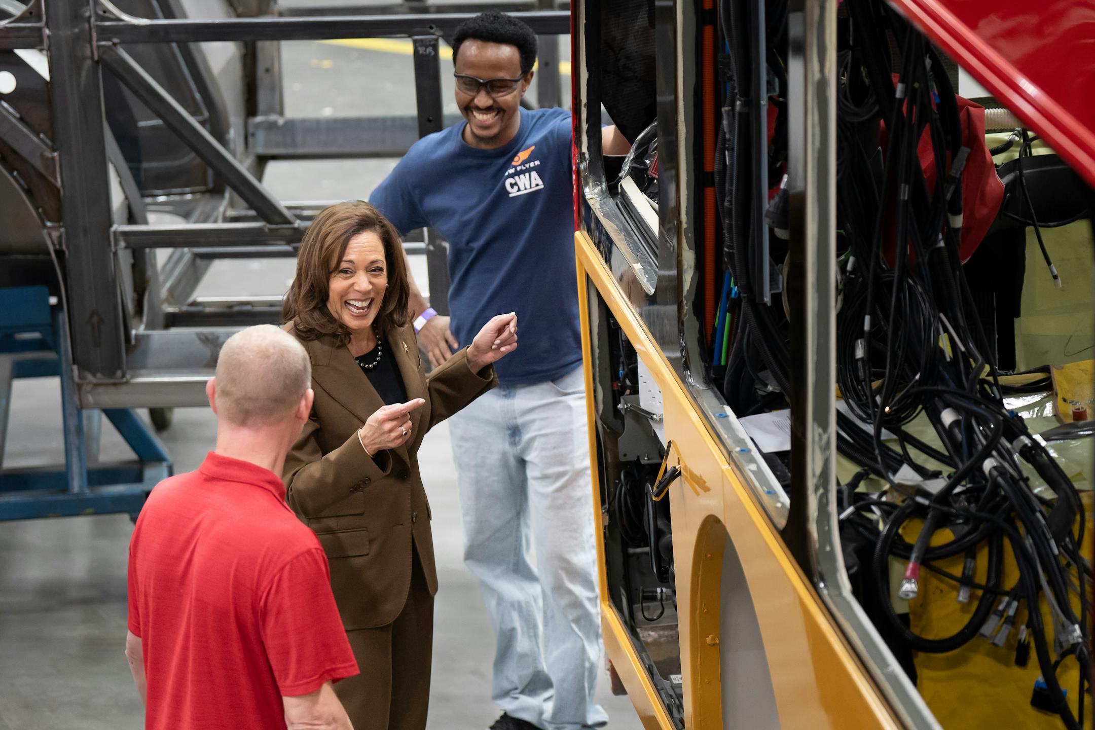 Vice President Kamala Harris tours the final assembly plant for New Flyer electric buses, Thursday, Feb. 9, 2023  St. Cloud, Minn.