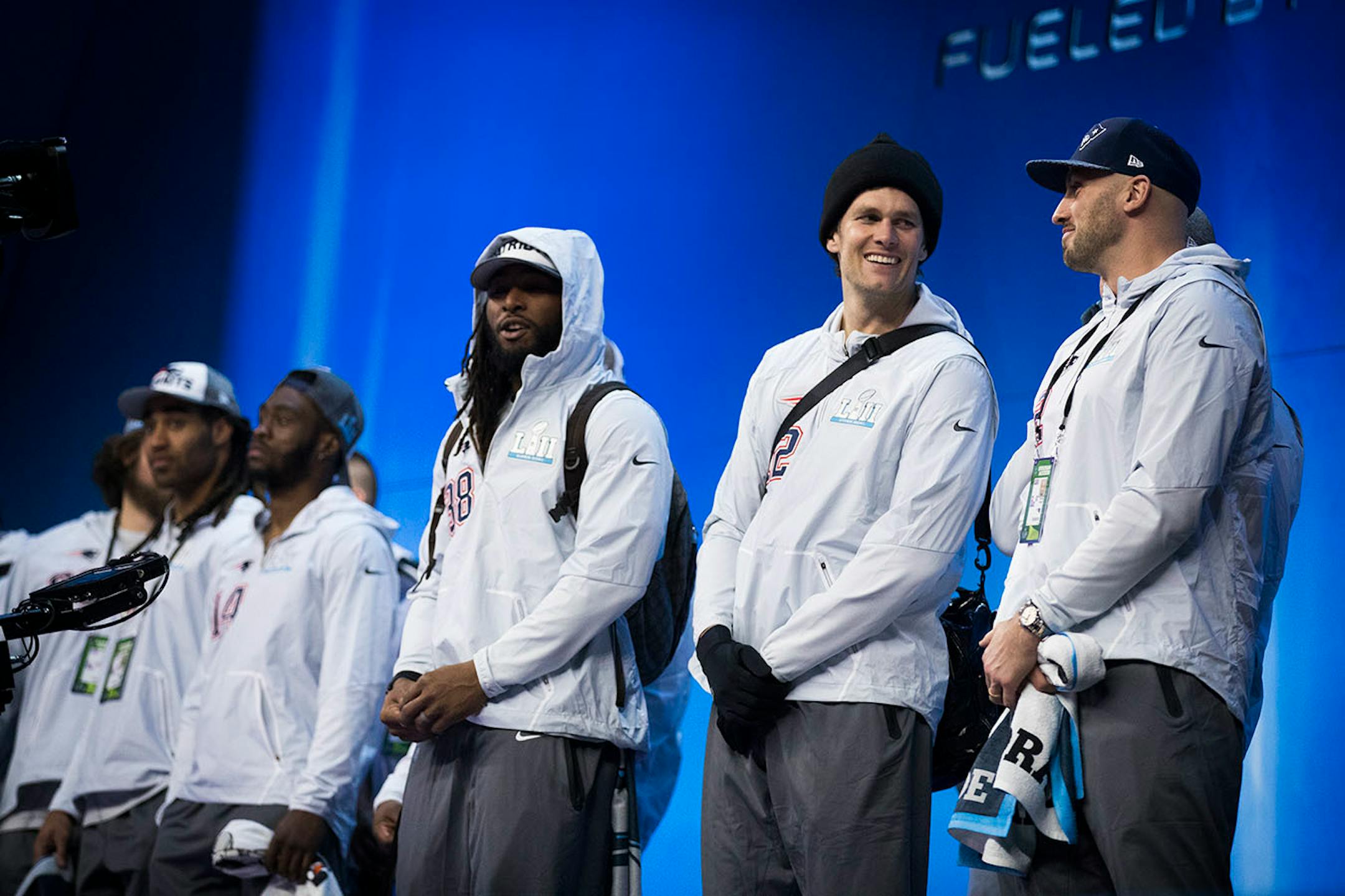 Tom Brady stands on stage for the introduction of the New England Patriots.