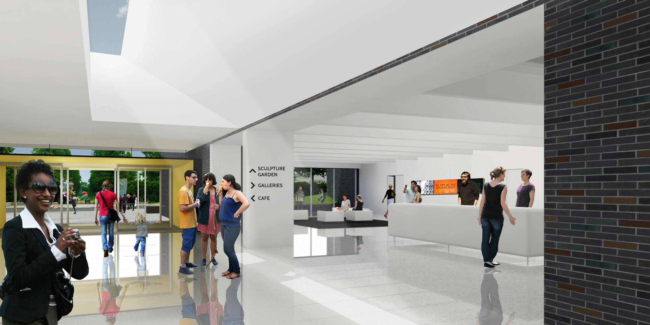 The existing cinema lobby, right, will open into the pavilion, with glass windows providing a view to the sculpture garden.
