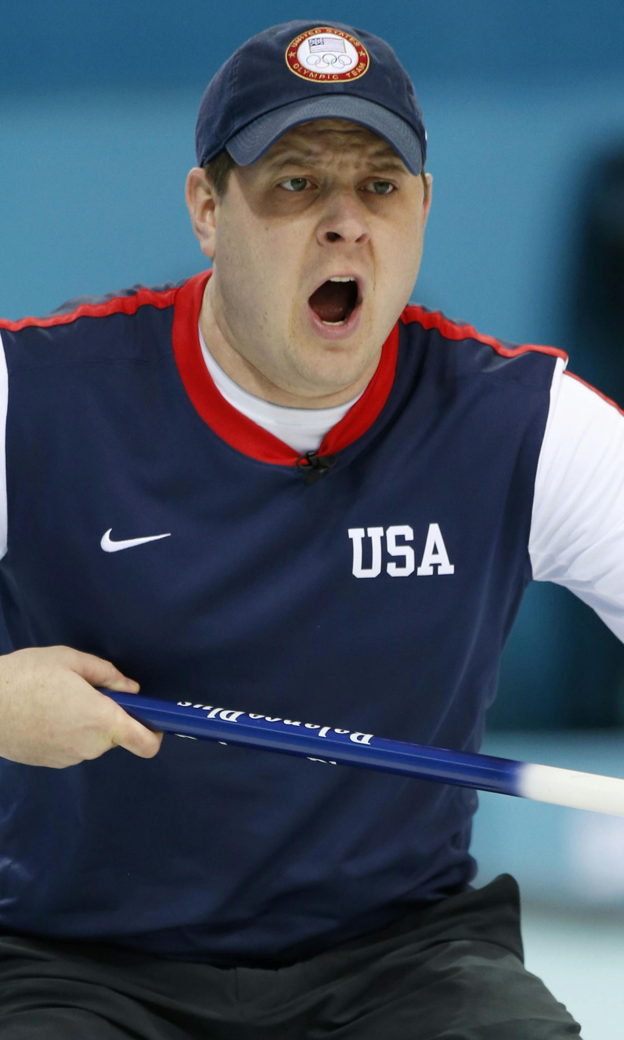 Team USAís skip John Shuster shouts instructions after delivering the rock during men's curling competition against Norway at the 2014 Winter Olympics, Monday, Feb. 10, 2014, in Sochi, Russia. (AP Photo/Robert F. Bukaty)