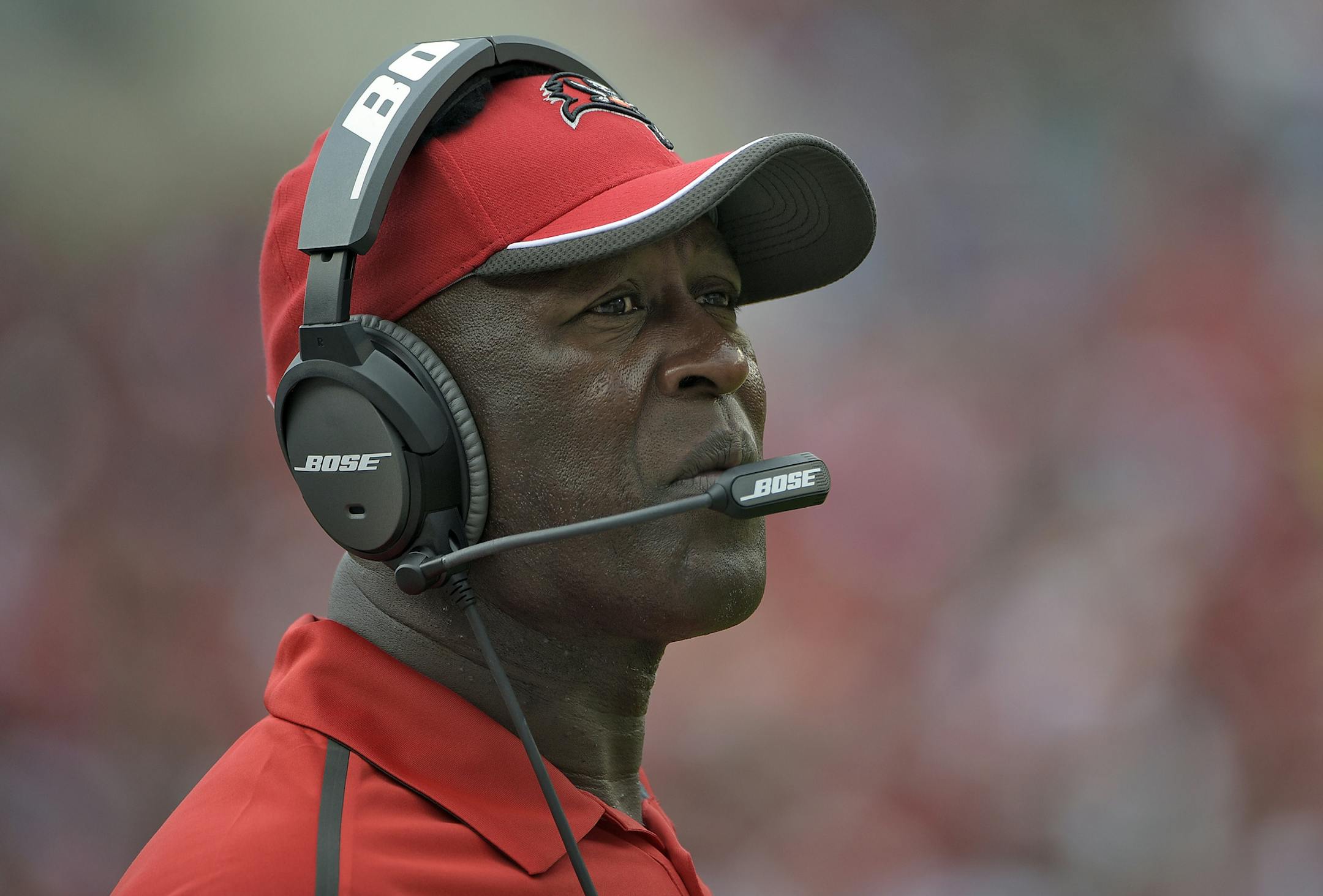 Tampa Bay Buccaneers head coach Lovie Smith looks on during the second quarter of an NFL football game against the St. Louis Rams Sunday, Sept. 14, 2014, in Tampa, Fla. (AP Photo/Phelan M. Ebenhack) ORG XMIT: OTKCO142