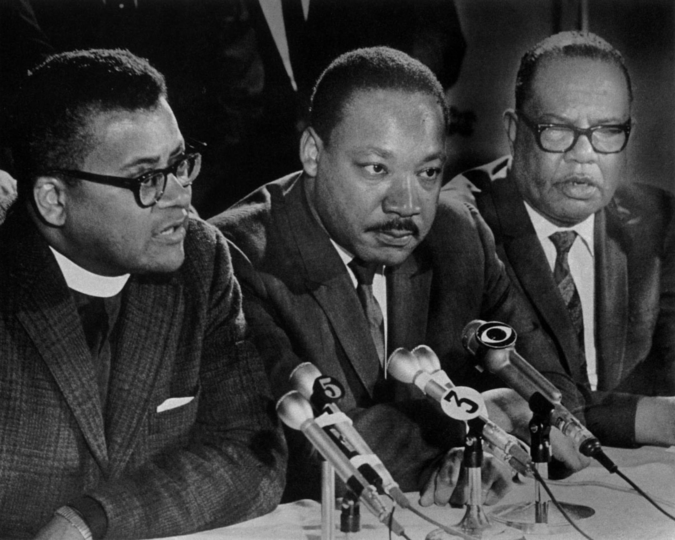 During the Memphis sanitation strike in 1968, the Rev. Martin Luther King Jr. held a news conference with the Rev. James M. Lawson Jr. (left) and the Rev. H. Ralph Jackson.