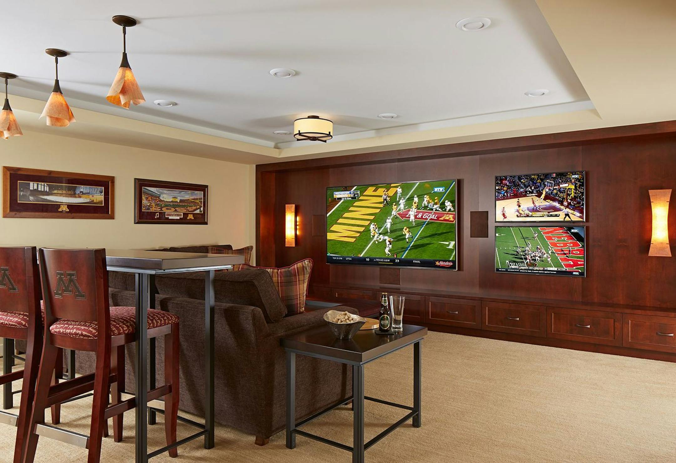 Before & After - Dark basement to Minnesota Gopher themed TV and entertainment central.