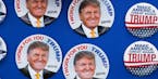 Donald trump buttons and masks for sale before the Republican presidential hopeful speaks at an event in Harrington, Del., April 22, 2016. (Damon Wint