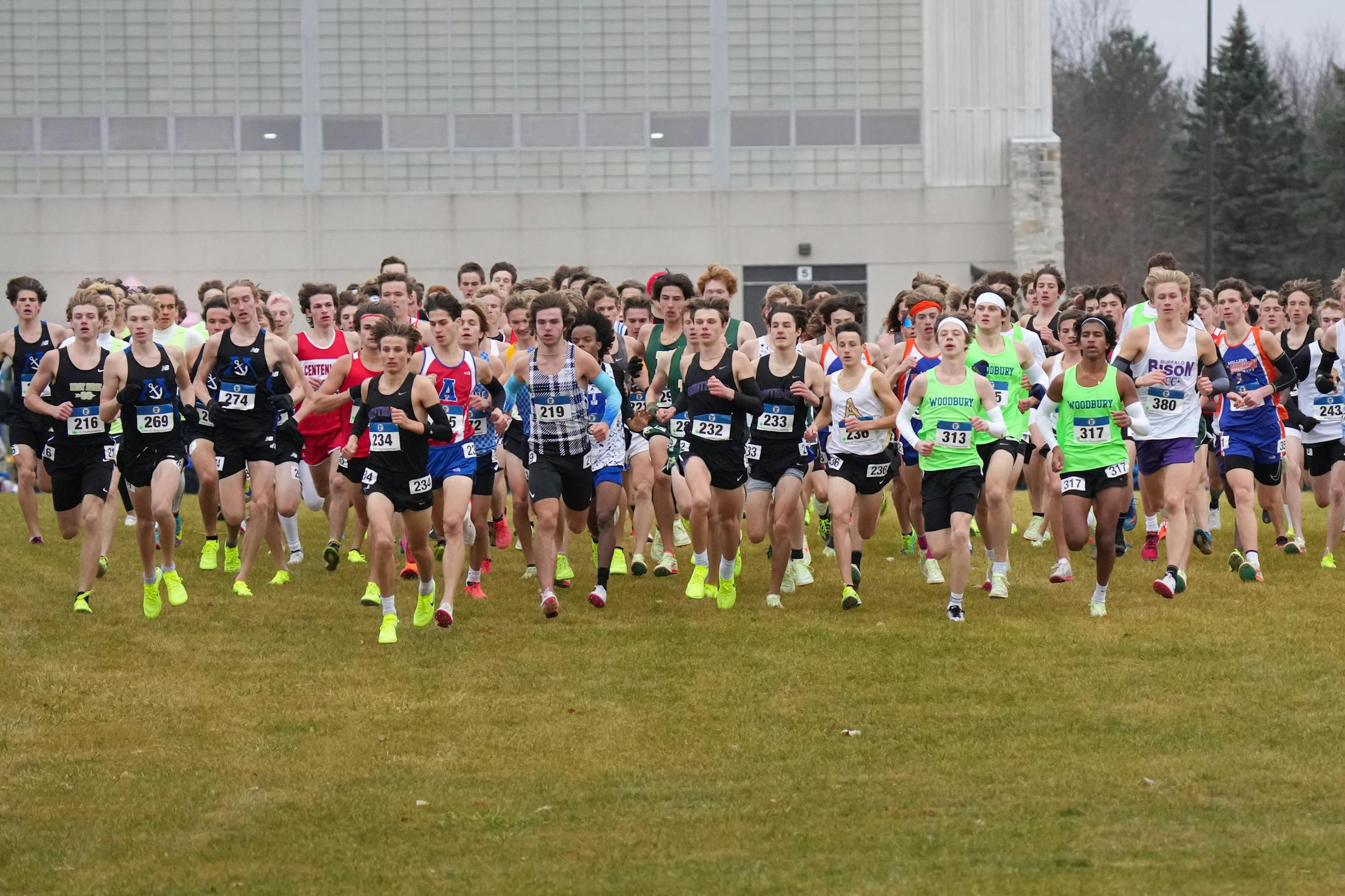 Runners take off from the starting line of the boys 3A cross country race.