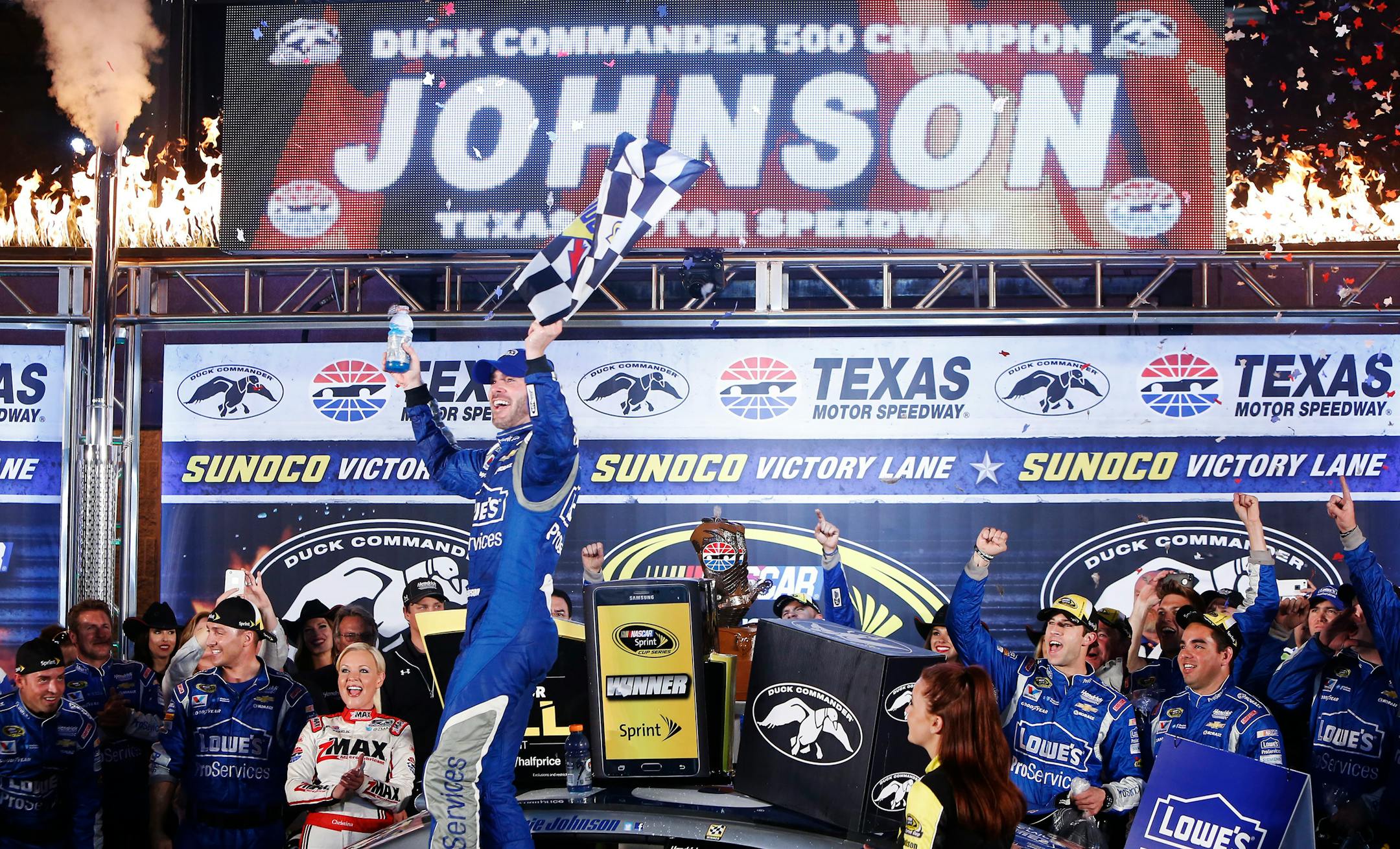 Sprint Cup driver Jimmie Johnson celebrates winning the Duck Commander 500 at Texas Motor Speedway in Fort Worth, Texas, on Saturday, April 11, 2015. (Brandon Wade/Fort Worth Star-Telegram/TNS) ORG XMIT: 1166531