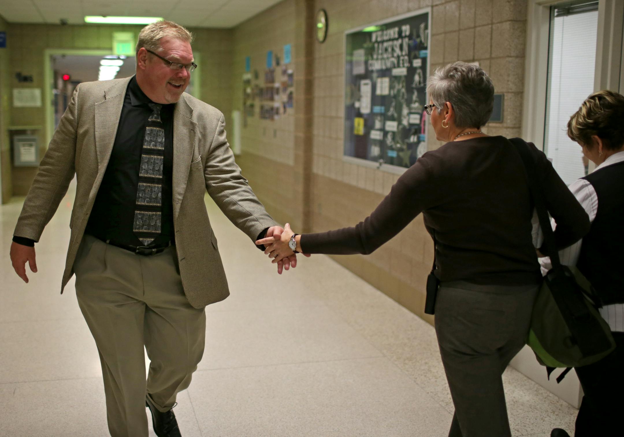 New Anoka-Hennepin Superintendent David Law greets Jane Matheson, Curriculum coordinator at Jackson Middle School during a school visit Wednesday. ] New Anoka-Hennepin Superintendent David Law visited Jackson Middle School in Champlain to see the various activities for " Get Movin' Day" , an event featuring presentations in "Coming to America", Fur Trading Life", "Migrating Animals", "Get your body movie' ", and "Westward Ho! ". Photo: David Denney &#x201a;&#xc4;&#xa2; ddenney@startribune.com 10