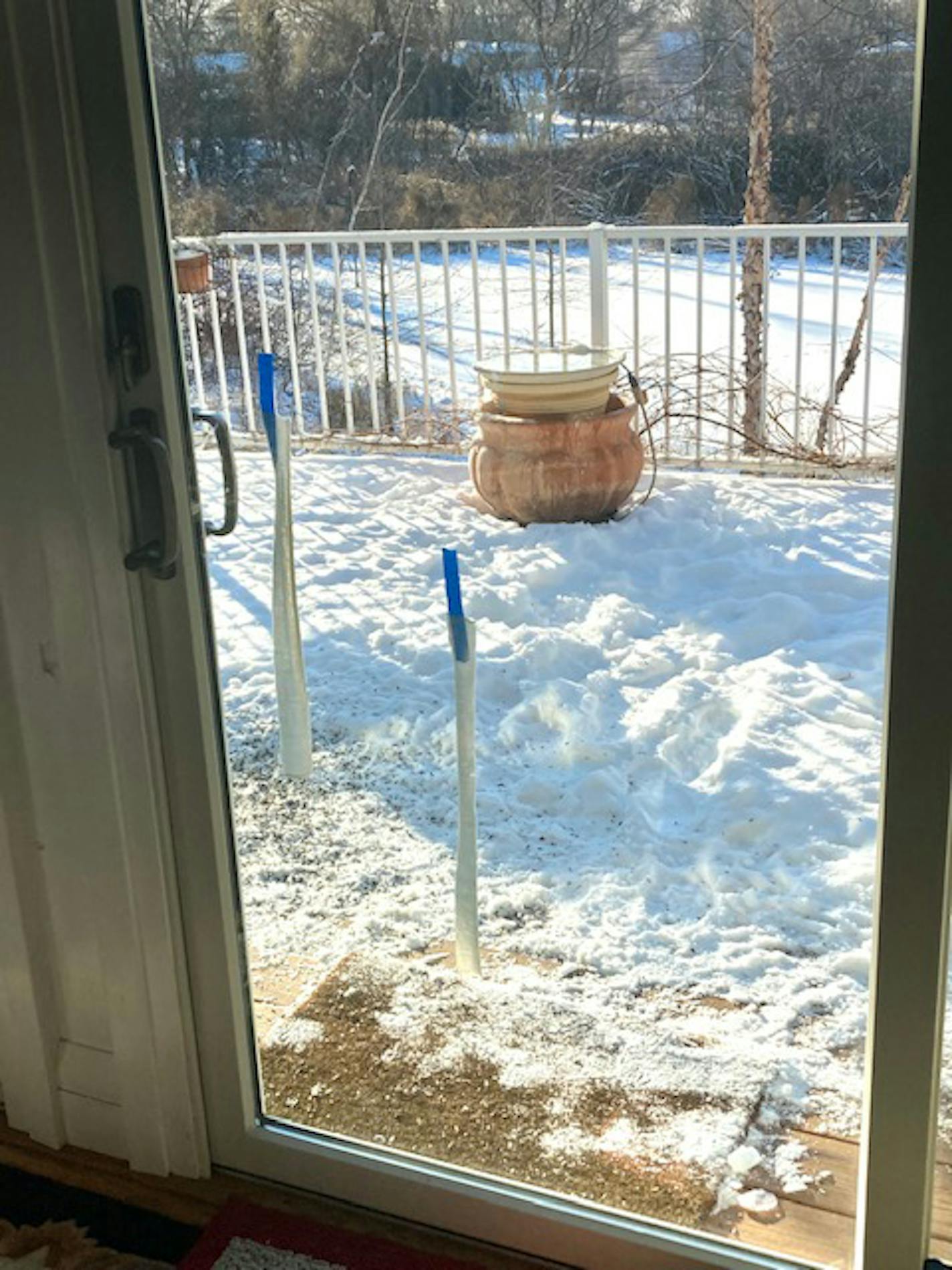 The bird bath is atop that pot against the deck railing. The blue mark is masking tape holding cotton strips to warn birds of the glass. Six patio doors, two strips per window. They blow in a breeze, and work like a charm. Inexpensive, too.Jim Williams photo