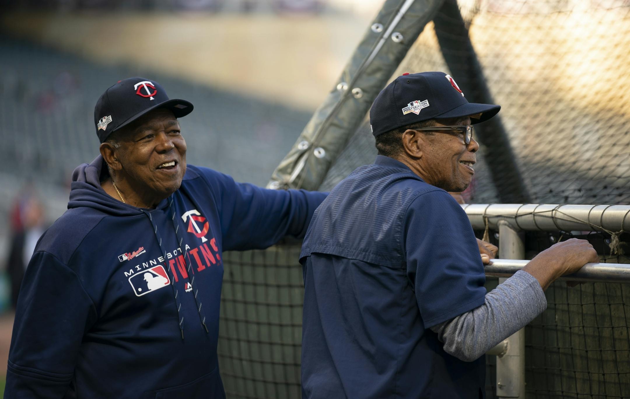 Twins legends Tony Oliva, left, and Rod Carew watched the players take batting practice before Monday night's game.