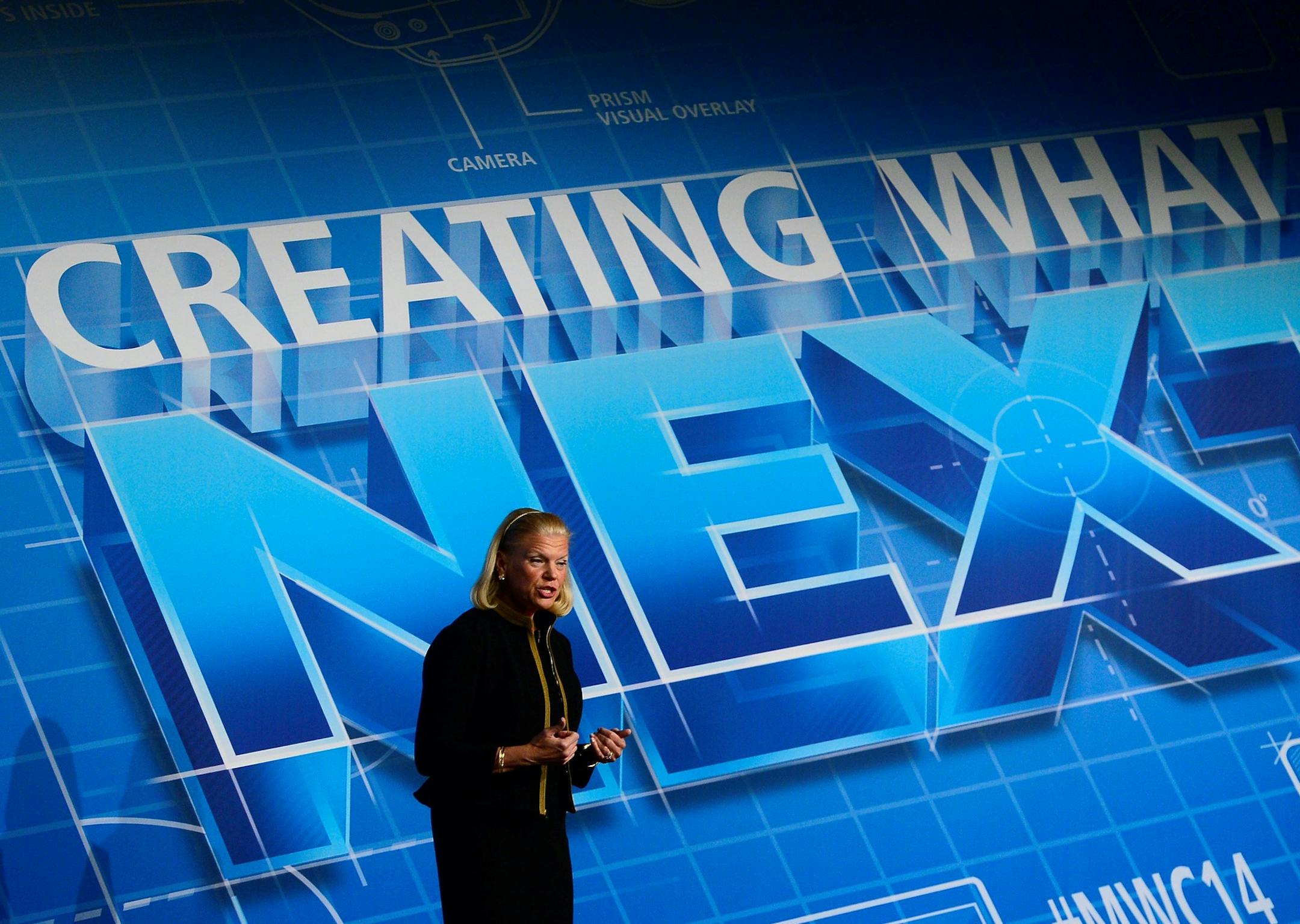 Virginia M. Rometty, chairwoman and CEO of IBM, speaks during a conference at the Mobile World Congress, the world's largest mobile phone trade show, in Barcelona, Spain, Wednesday, Feb. 26, 2014. The global wireless show that wraps up on Thursday has seen a push to get mobile devices cheap enough to reach emerging markets without sacrificing so much performance. (AP Photo/Manu Fernandez) ORG XMIT: MF136