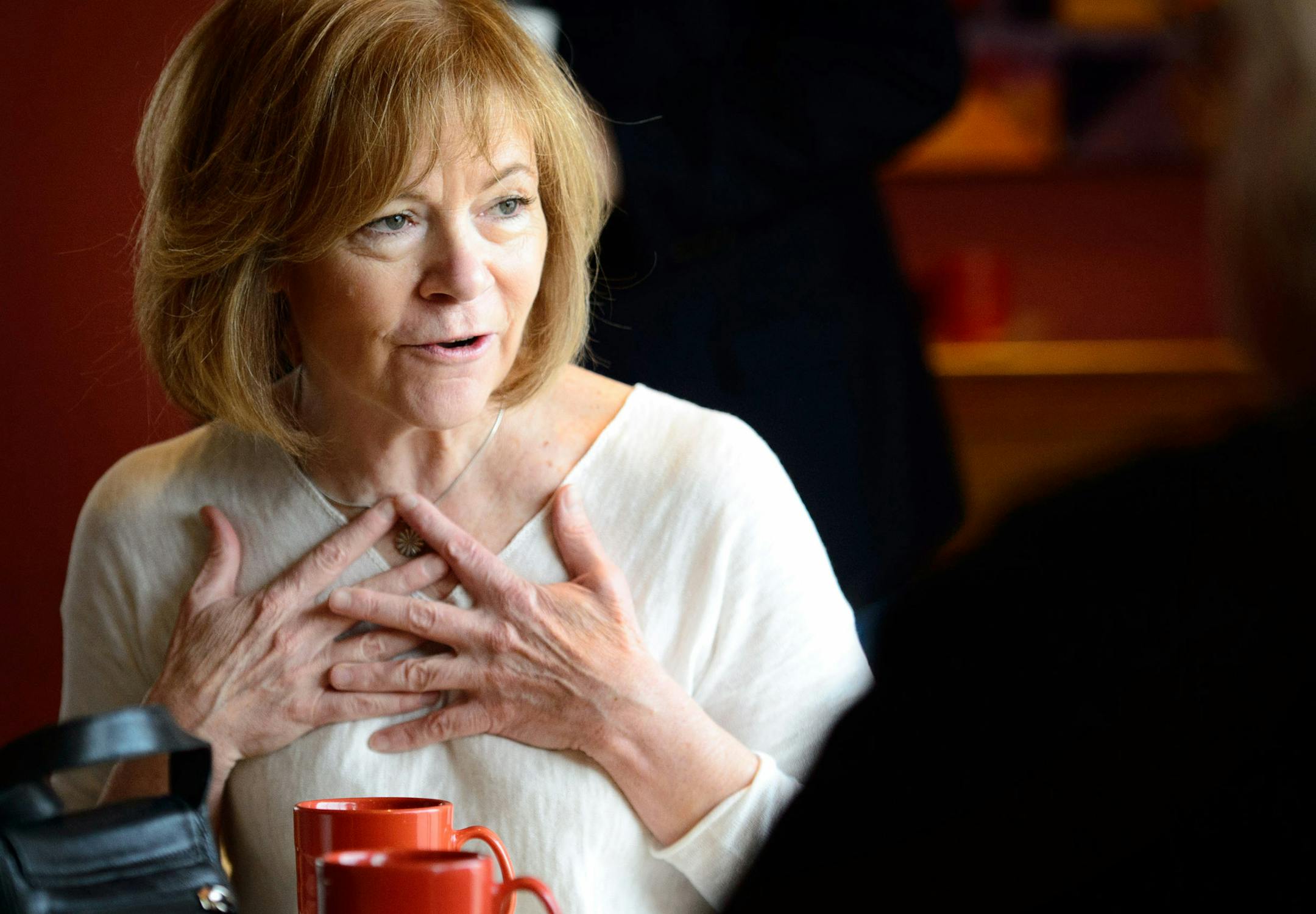 Lt. Governor candidate and Mark Dayton's running mate Tina Smith visited with supporters and patrons at Dierdre‚Äôs Coffee, Willmar, MN. Governor Dayton is recovering from hip surgery and is unable to campaign for now. ] GLEN STUBBE * gstubbe@startribune.com Saturday, April 12, 2014