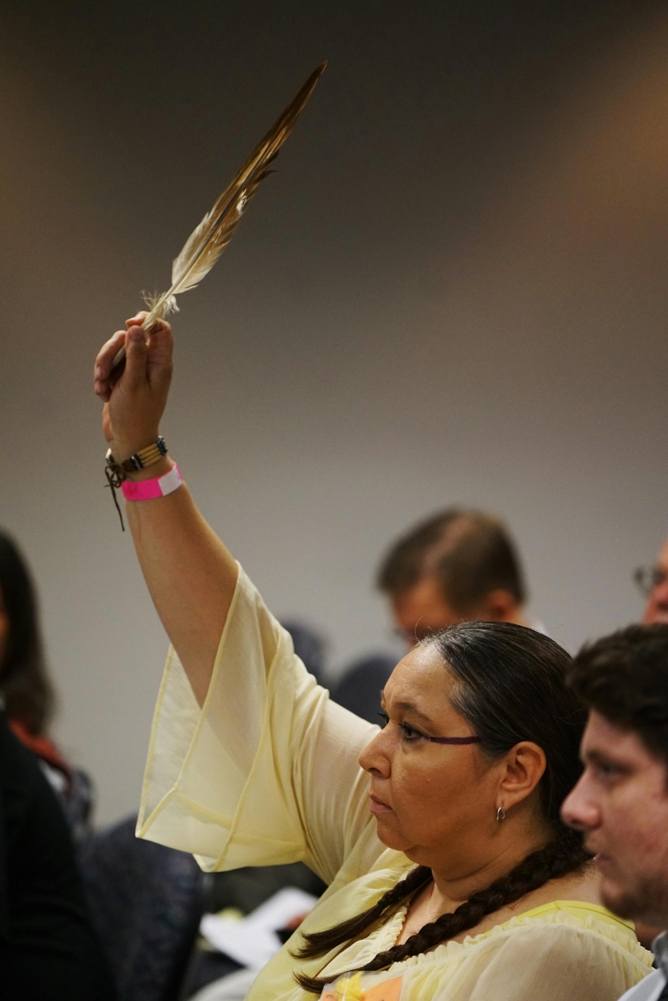 Dawn Goodwin of White Earth Reservation voiced her opposition at Thursday's session on the Line 3 pipeline replacement.