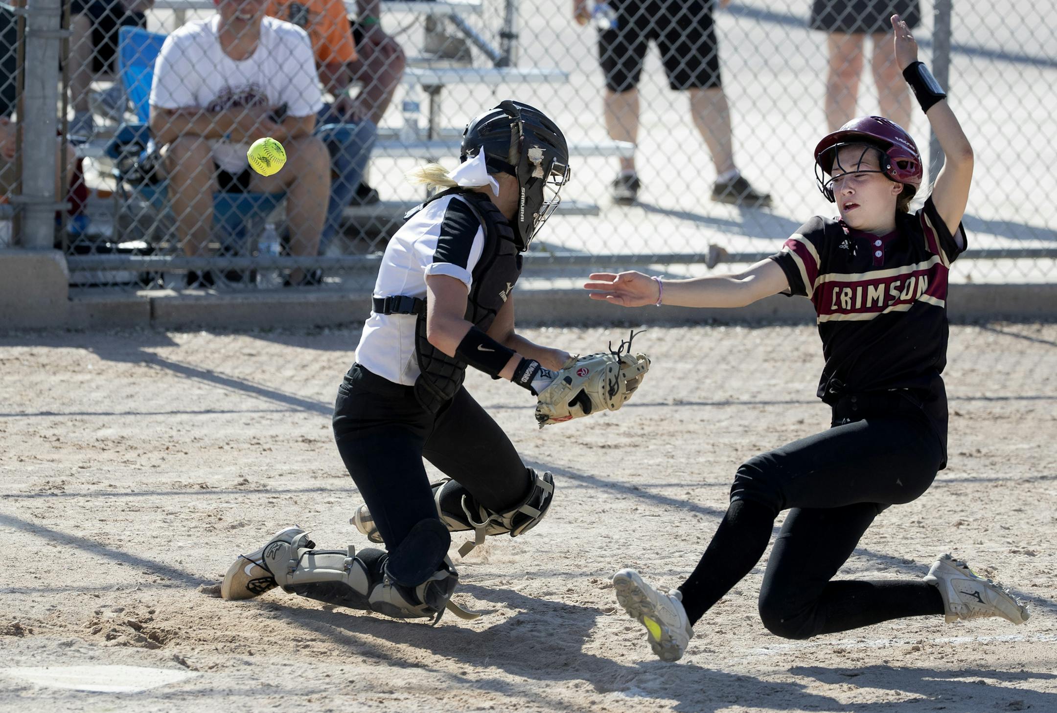 Dorothy Dueck (8) of Maple Grove scored in the sixth inning. ] CARLOS GONZALEZ • cgonzalez@startribune.com – North Mankato, MN – June 6, 2019, Caswell Park, High School / Prep Class 4A state softball semifinals,