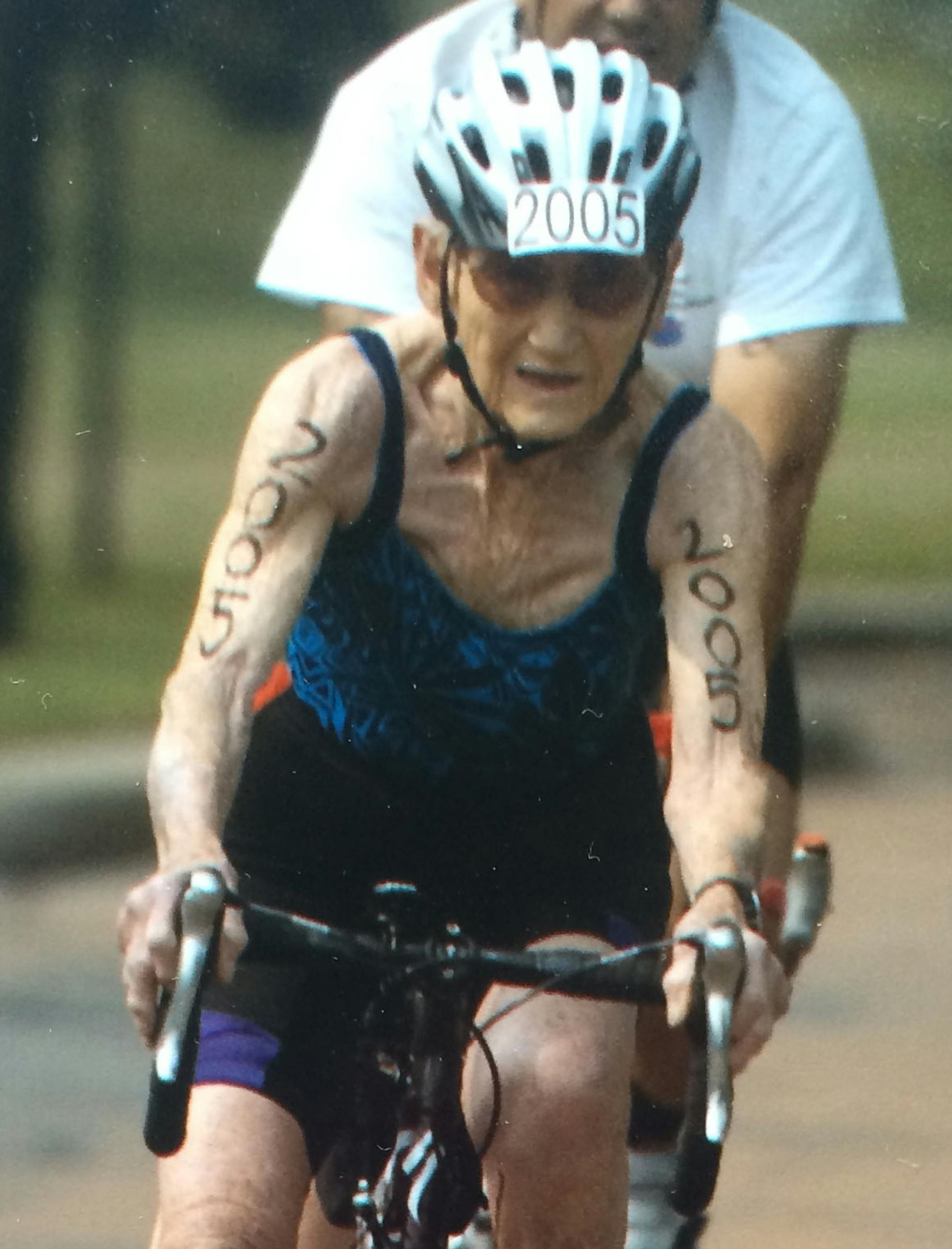Mary Stroebe competing in the 2004 Life Time Fitness Triathlon. She was 86 at the time, and is now 97 and still participating (but not in the full race). Slug is lifetime071015 and the magic saxo number is 758386 Cutline is Mary Stroebe competed in the Life Time Fitness Triathlon five times, including this race in 2004. Photo courtesy lifetime fitness.