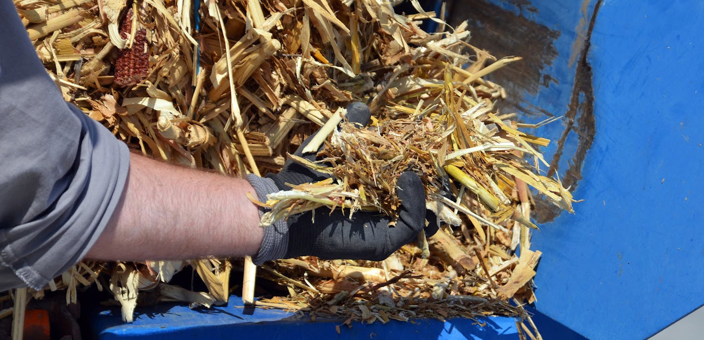 This 2014 photo provided by Abengoa shows a corn stover; stalks, leaves and husks, that will be used to produce ethanol at Abengoa's biorefinery in Hugoton, Kan. The plant, built by Seville, Spain-based Abengoa, is the largest cellulosic biorefinery in the world, producing up to 25 million gallons of ethanol fueled by non-edible waste. The Hugoton cellulosic ethanol refinery was funded in part by a loan guarantee from the Department of Energy. The same program funded high profile flops like Soly