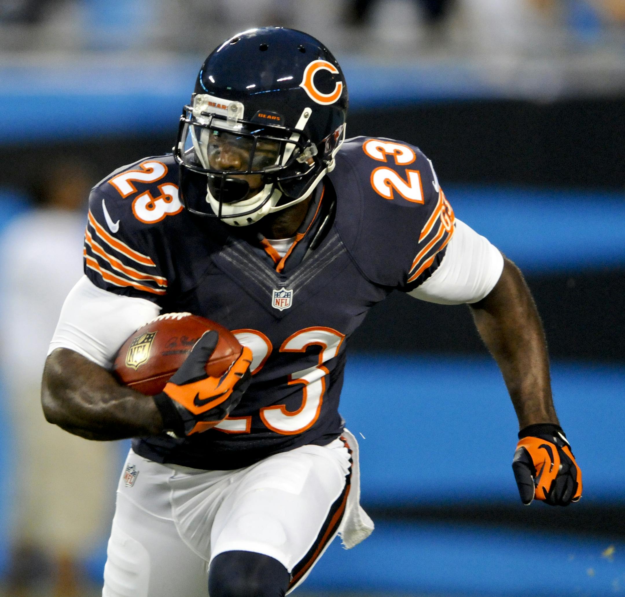 Chicago Bears wide receiver Devin Hester (23) returns a kickoff during a preseason NFL football game against the Carolina Panthers in Charlotte, N.C., Friday, Aug. 9, 2013. (AP Photo/Mike McCarn) ORG XMIT: MIN2013091317551576