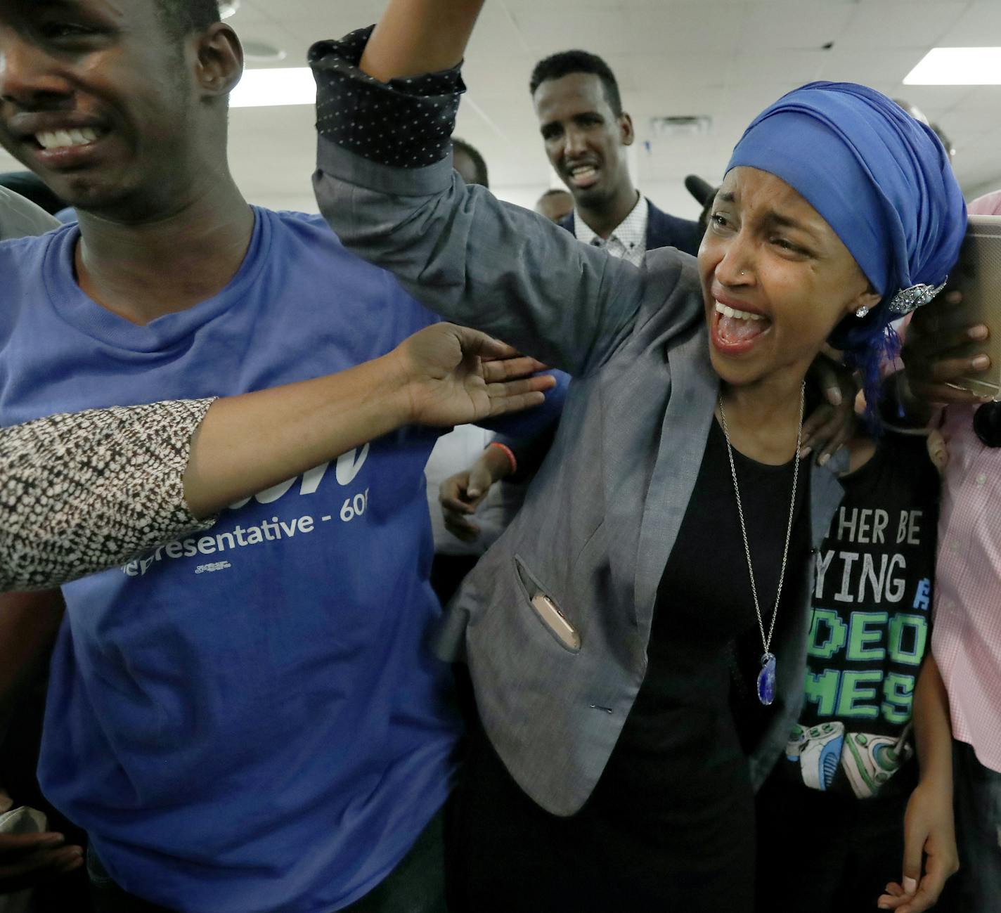 Ilhan Omar was greeted by supporters at Kalsan in Minneapolis. ] CARLOS GONZALEZ cgonzalez@startribune.com - August 9, 2016, Minneapolis, MN, A handful of sitting legislators faced tough primary challenges this year, including Reps. Phyllis Kahn, Joe Mullery, Kurt Daudt and Rena Moran.