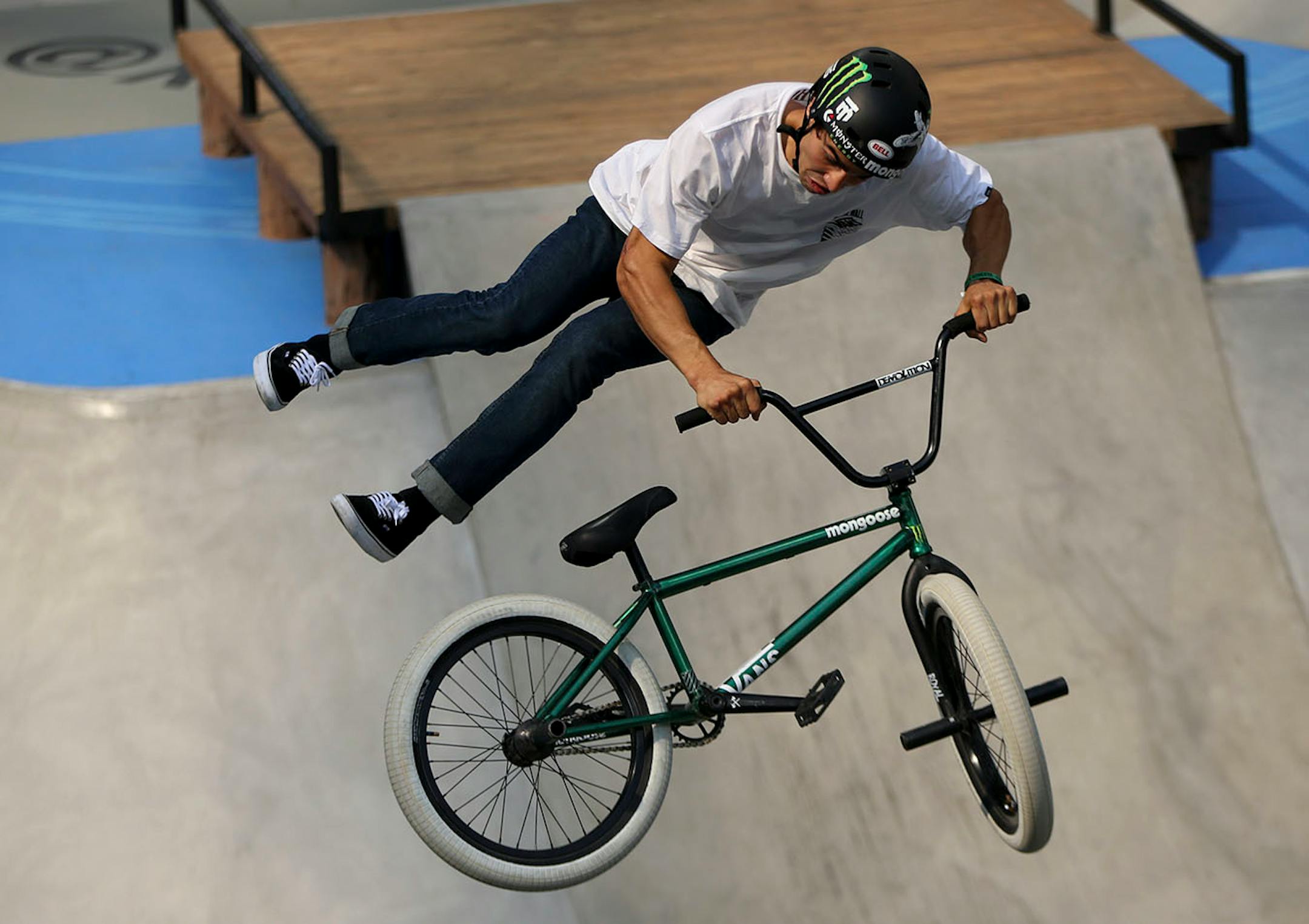 Kevin Peraza catches air during one of his runs in the men's BMX park final.