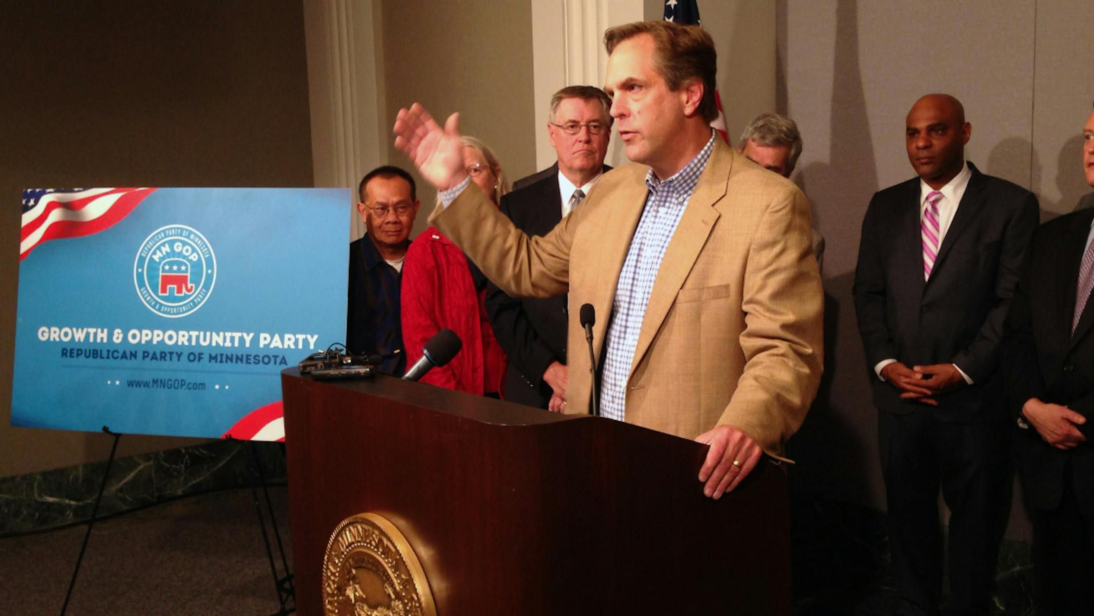 Newly-endorsed Republican U.S. Senate candidate Mike McFadden talked to the media at the State Office Building Monday morning.