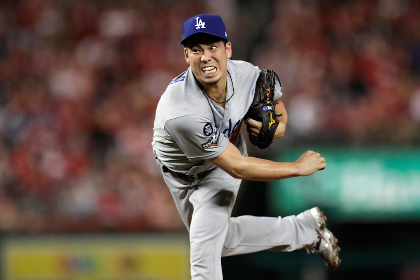 Dodgers pitcher Kenta Maeda throws a pitch to during Game 3 of the National League Championship Series vs. Washington last season.