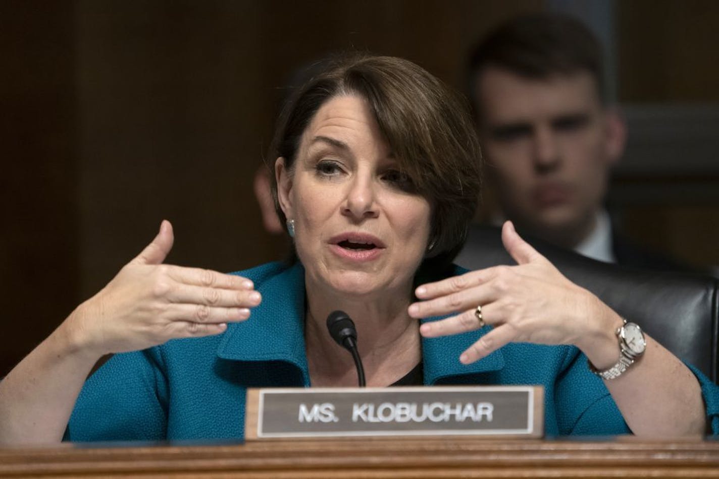 Sen. Amy Klobuchar, D-Minn., questions Attorney General William Barr as he testifies before the Senate Judiciary Committee about special counsel Robert Mueller's Russia report, on Capitol Hill in Washington, Wednesday, May 1, 2019.