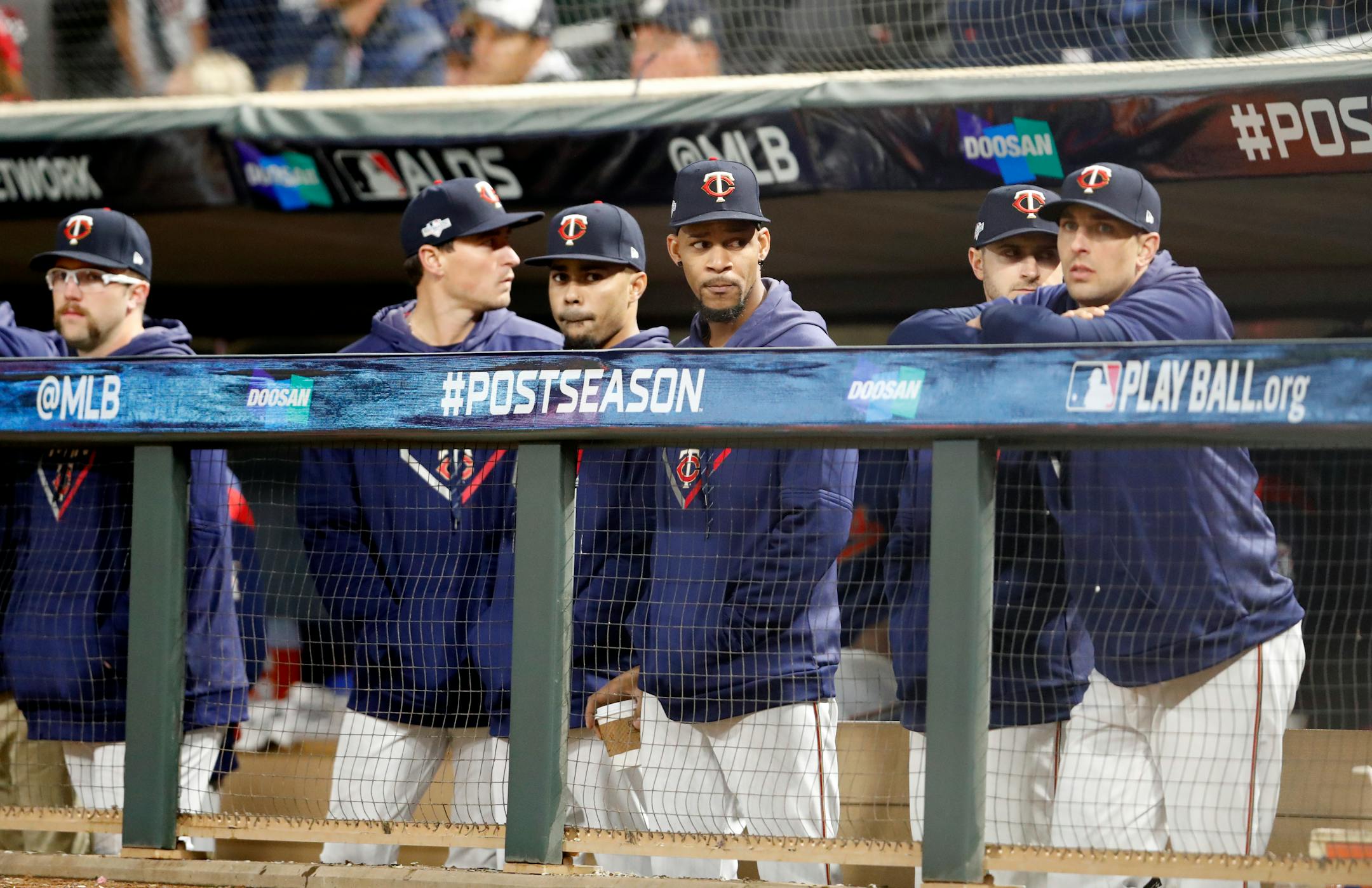 The Twins dugout watched action on the field during an AL Division Series loss to the Yankees.