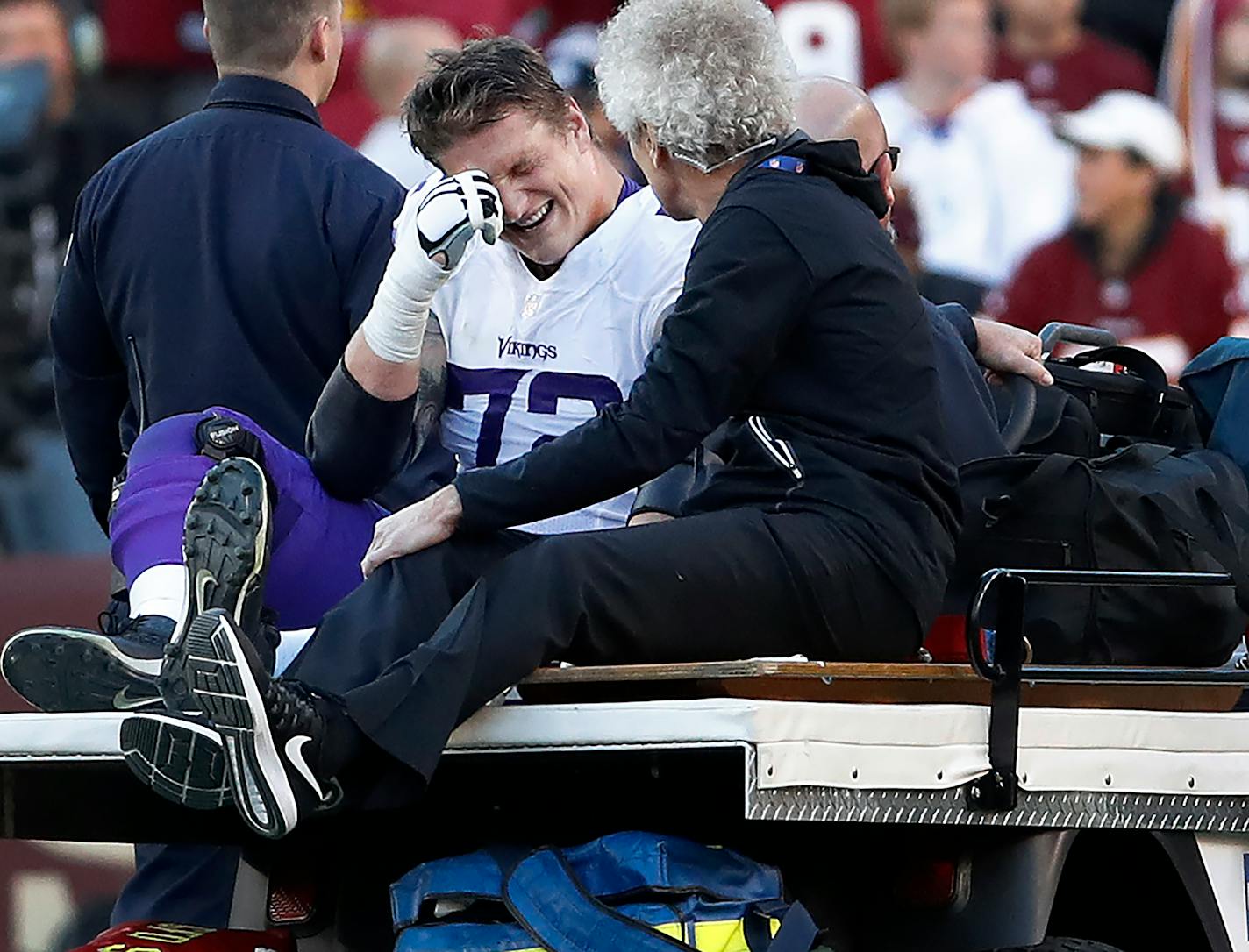 Vikings tackle Jake Long (72) was carted off the field in the fourth quarter.