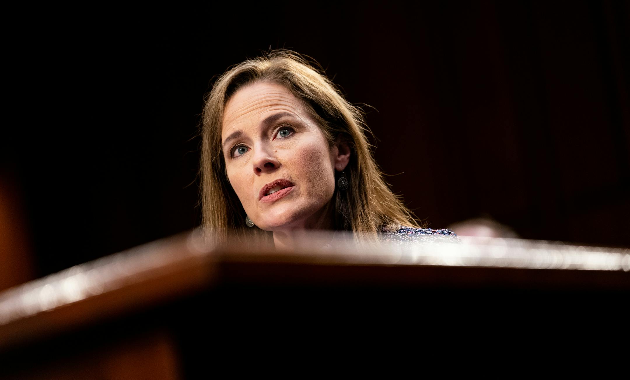 Judge Amy Coney Barrett during the third day of her Senate confirmation hearing to the Supreme Court on Capitol Hill in Washington, Oct. 14, 2020. During two grueling days of questioning over her Supreme Court confirmation, Barrett did her best to avoid controversy — but her efforts to play it safe on the subject of climate change have created perhaps the most tangible backlash of her hearings. (Erin Schaff/The New York Times)