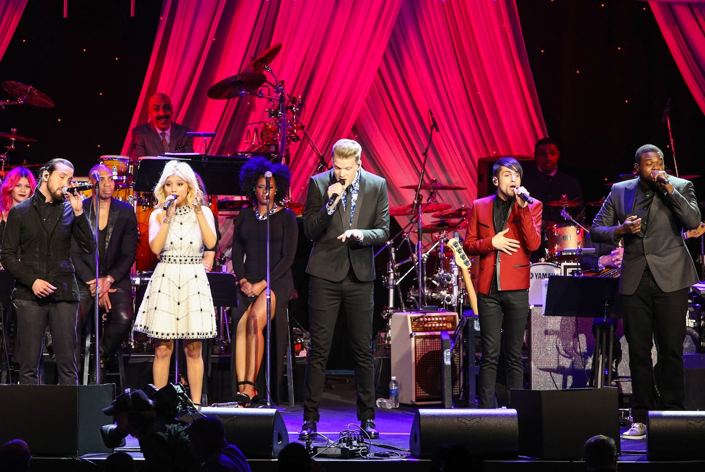 Avi Kaplan, Kirstie Maldonado, Scott Hoying, Mitch Grassi and Kevin Olusola of Pentatonix performed at the 2015 Clive Davis Pre-Grammy Gala in Beverly Hills.