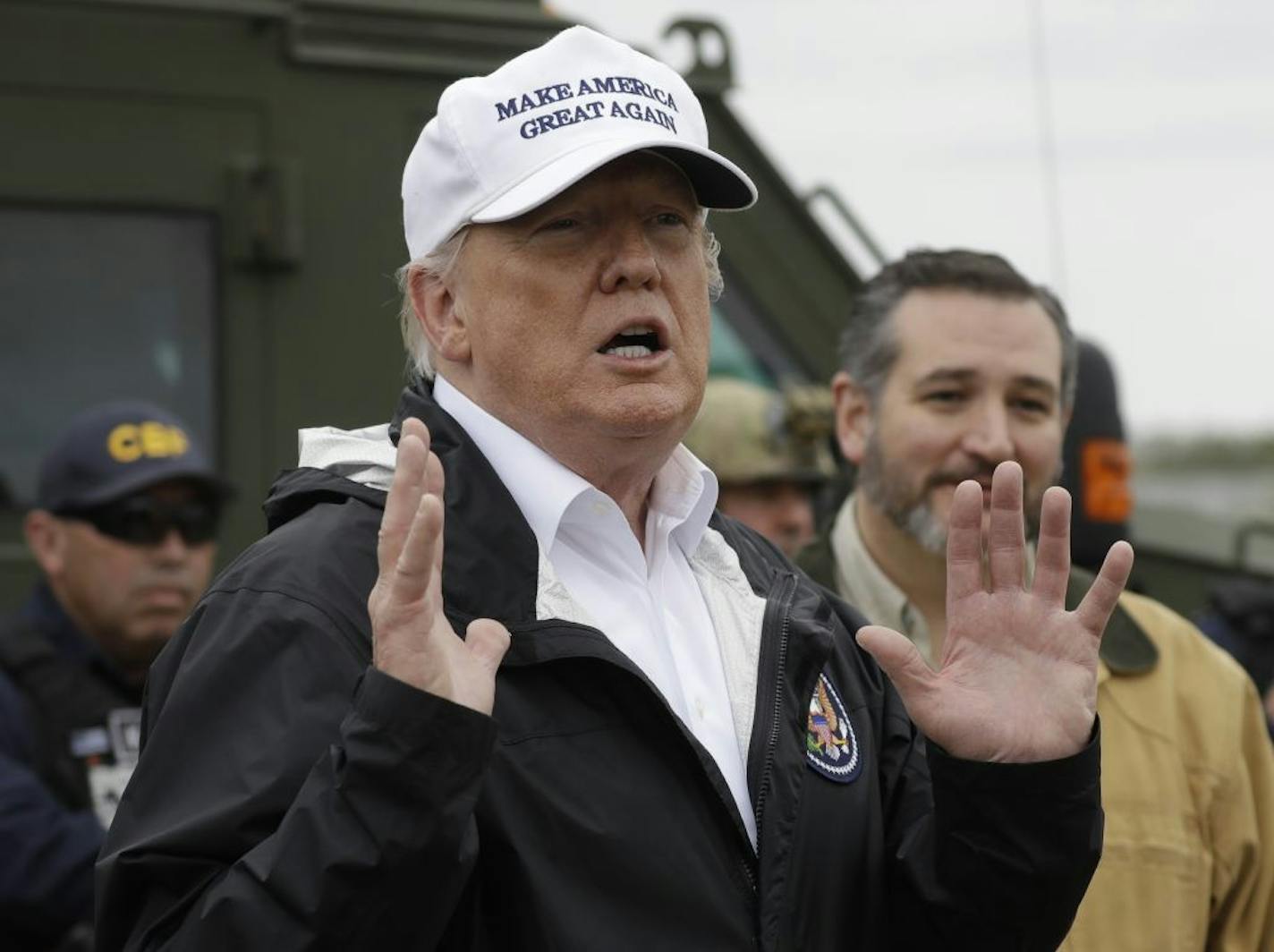 President Donald Trump spoke as he tours the U.S.-Mexico border at the Rio Grandenear McAllen, Texas, on Thursday. Sen. Ted Cruz, R-Texas, was at right.