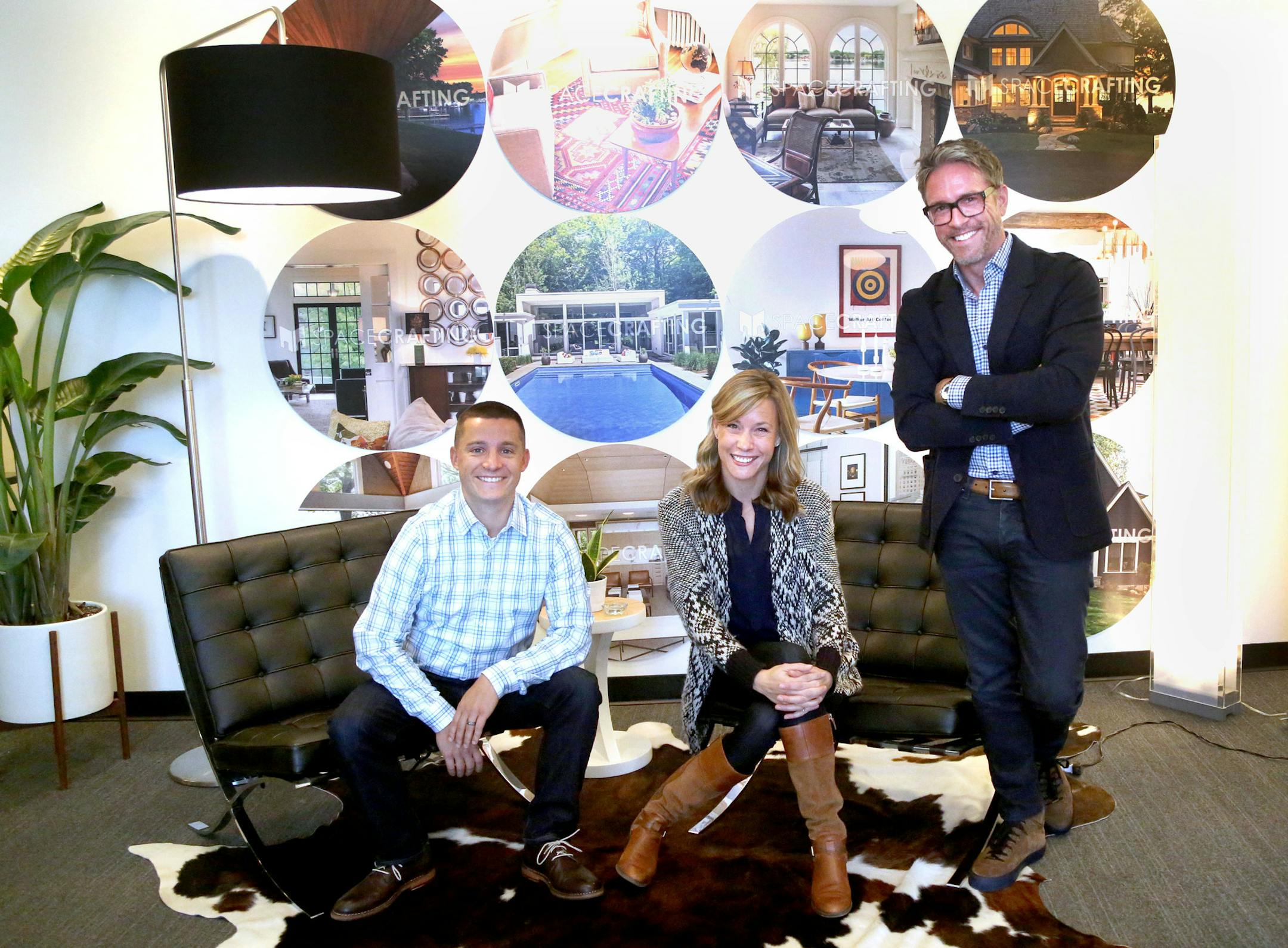 Right to left, Spacecrafting founder Mike McCaw with employees Jenny Terrell and Anthony Dunham at the company’s North Loop building in Minneapolis.