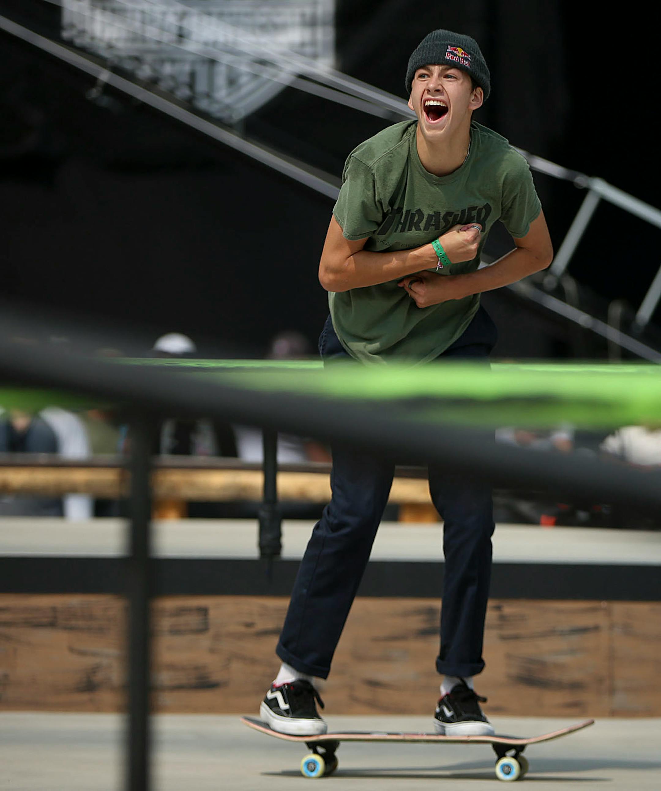 Jagger Eaton celebrates after pulling off an extremely difficult move in the men's skateboard street final that secured him the silver medal.