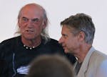 (left to right) Former Minnesota Governor Jesse Ventura and former New Mexico Governor Gary Johnson briefly stood together as students gave Ventura a 
