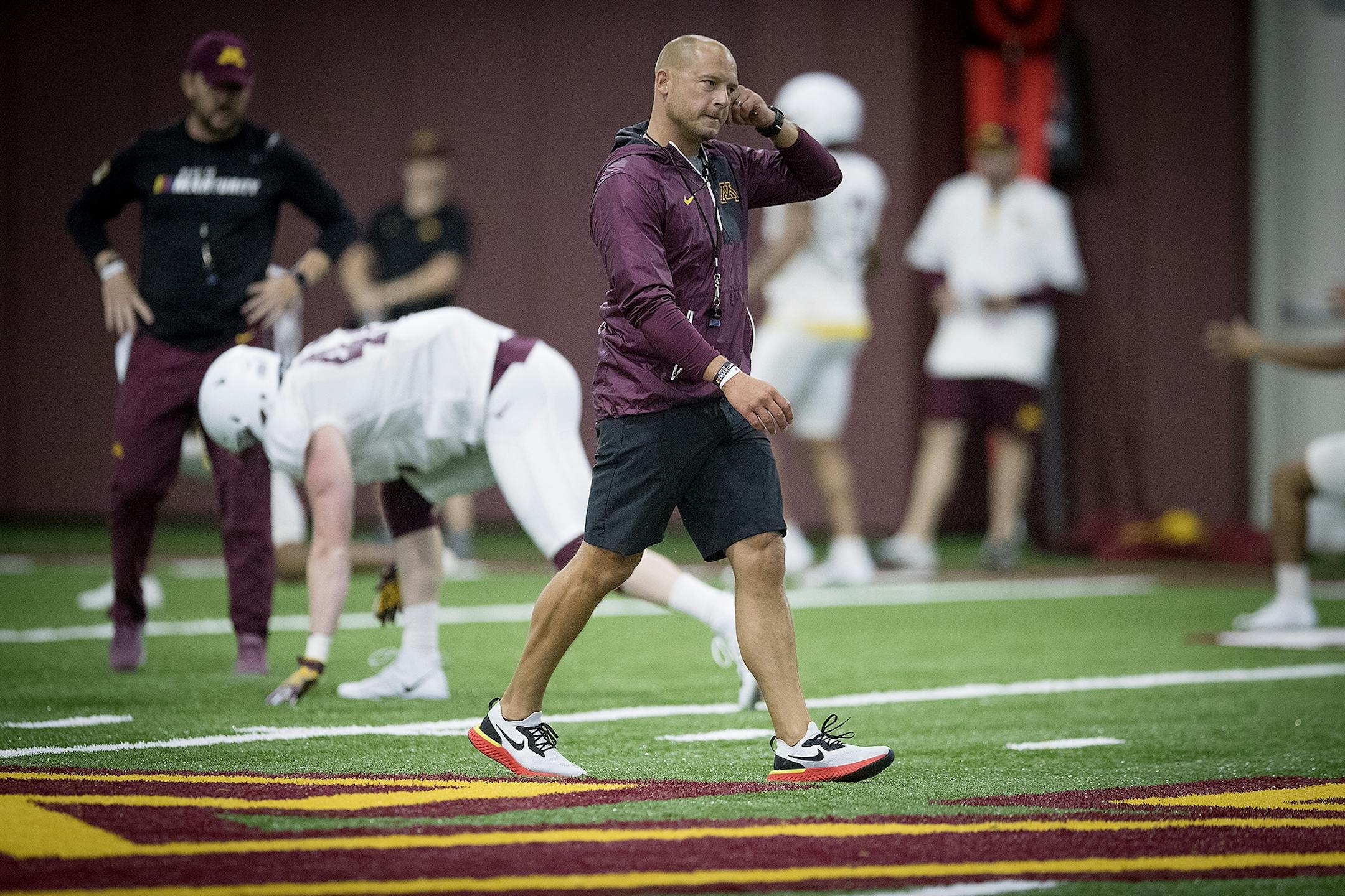 Minnesota's Head Coach P.J. Fleck took to the field for the first practice that was open to the public at the Athletes Village at the University of Minnesota in Minneapolis, MN.