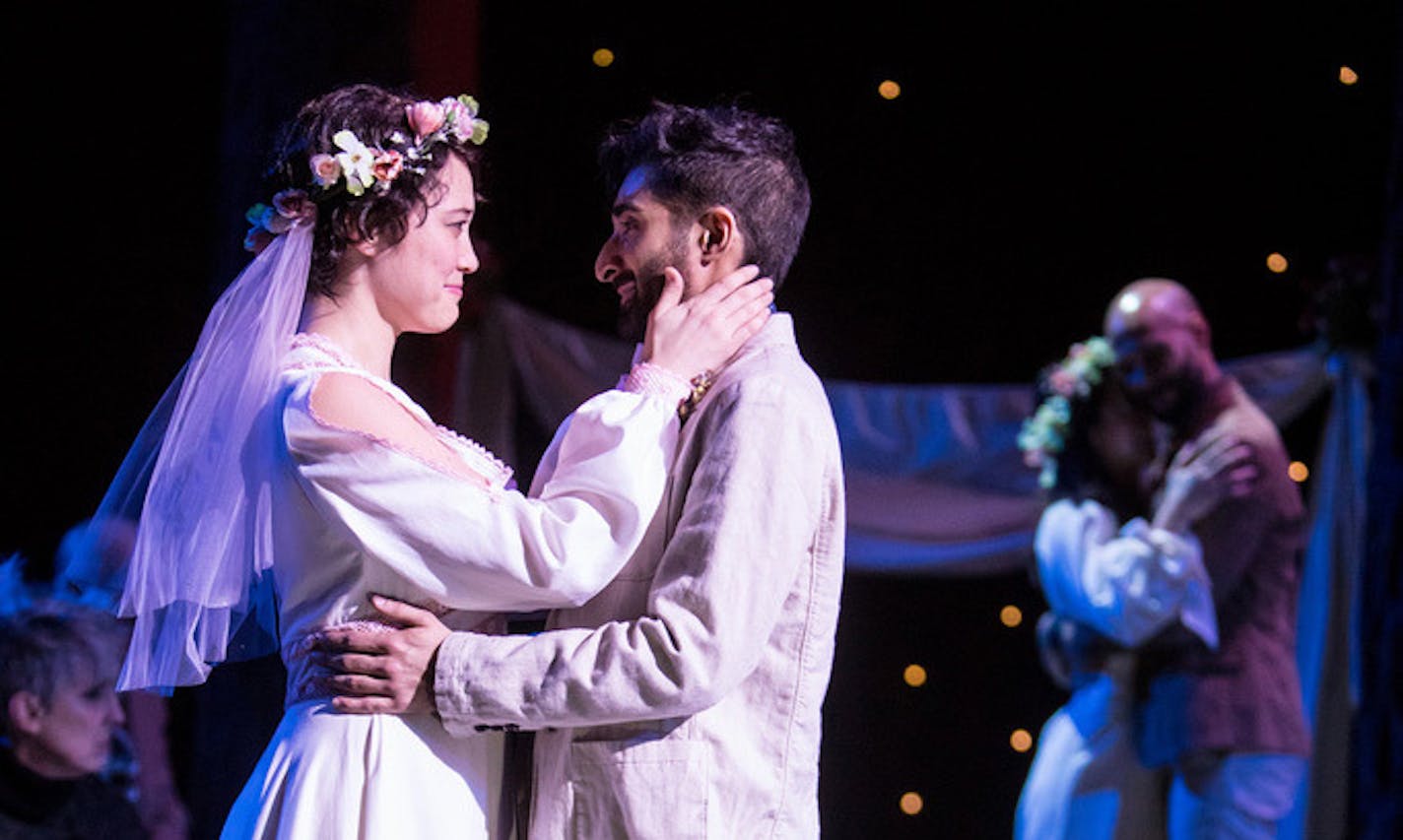 Meghan Kreidler (Rosalind), Jesse Bhamrah (Orlando), Andrea San Miguel (Celia), and Luis Vega (Oliver) in the Guthrie Theater's production of As You Like It by William Shakespeare and directed by Lavina Jadhwani. credit: Dan Norman