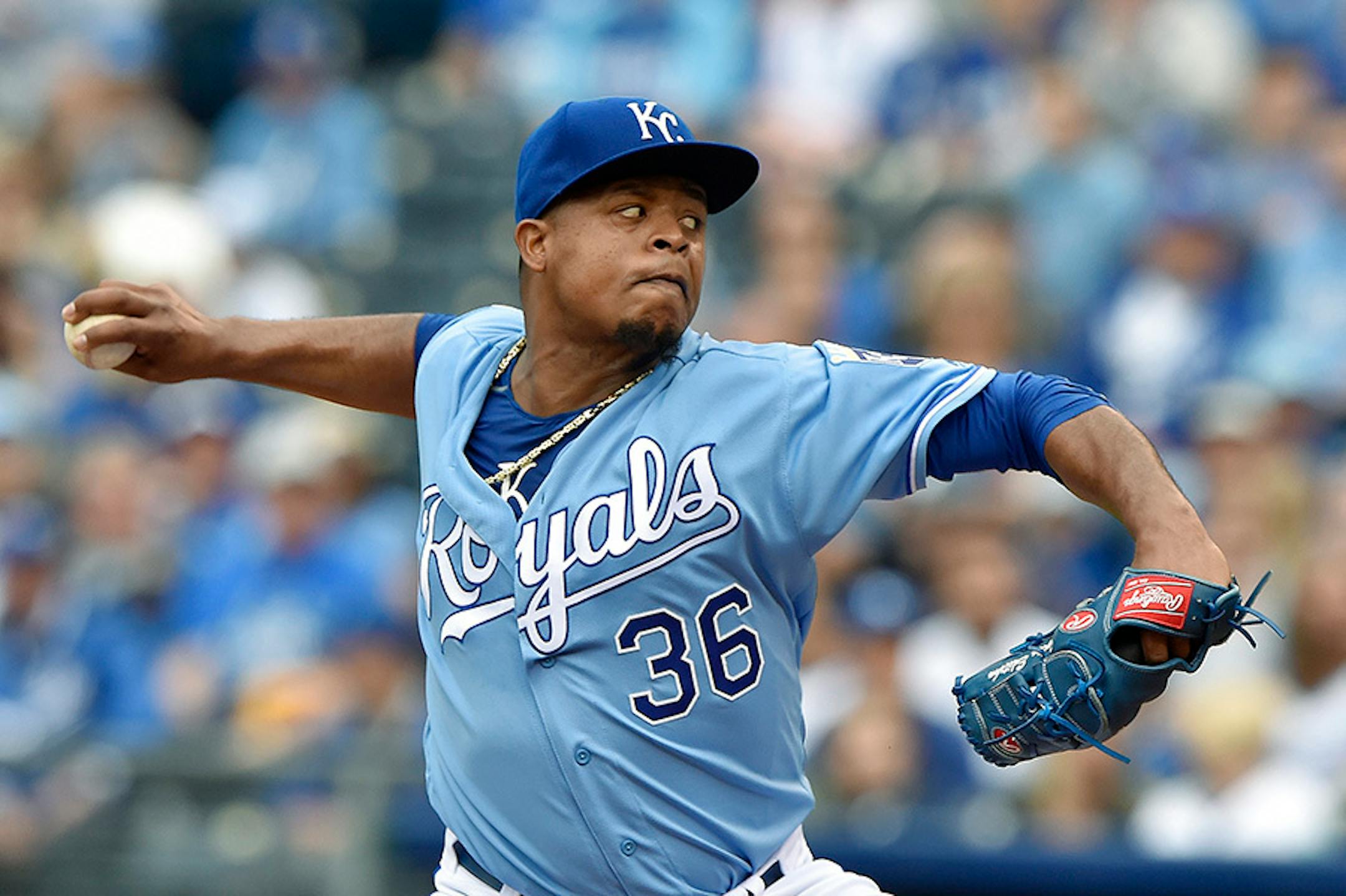 Kansas City Royals starting pitcher Edinson Volquez throws during the first inning on Sunday, April 10, 2016, at Kauffman Stadium in Kansas City, Mo. (John Sleezer/Kansas City Star/TNS) ORG XMIT: 1183170