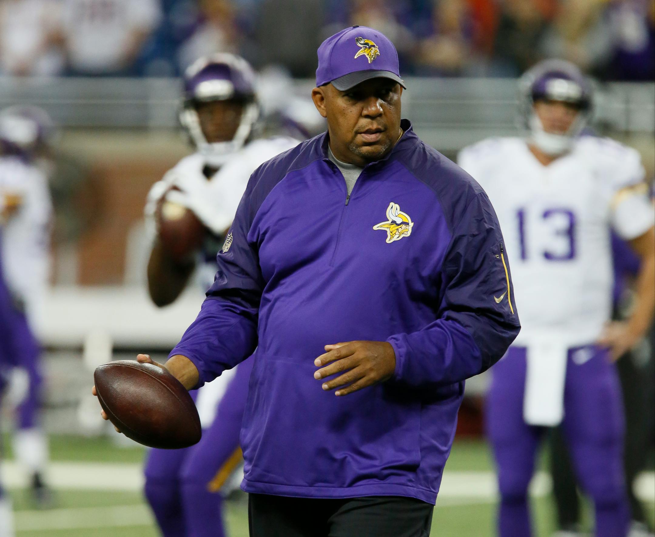 Minnesota Viking wide receivers coach George Stewart before an NFL football game against the Detroit Lions, Sunday, Oct. 25, 2015, in Detroit. (AP Photo/Duane Burleson)