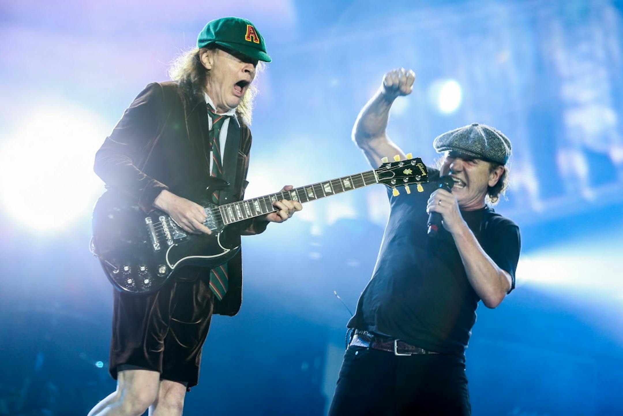 Angus Young, left, and Brian Johnson of AC/DC are known for such songs as &#x201c;Whole Lotta Rosie&#x201d; and &#x201c;Big Balls.&#x201d;