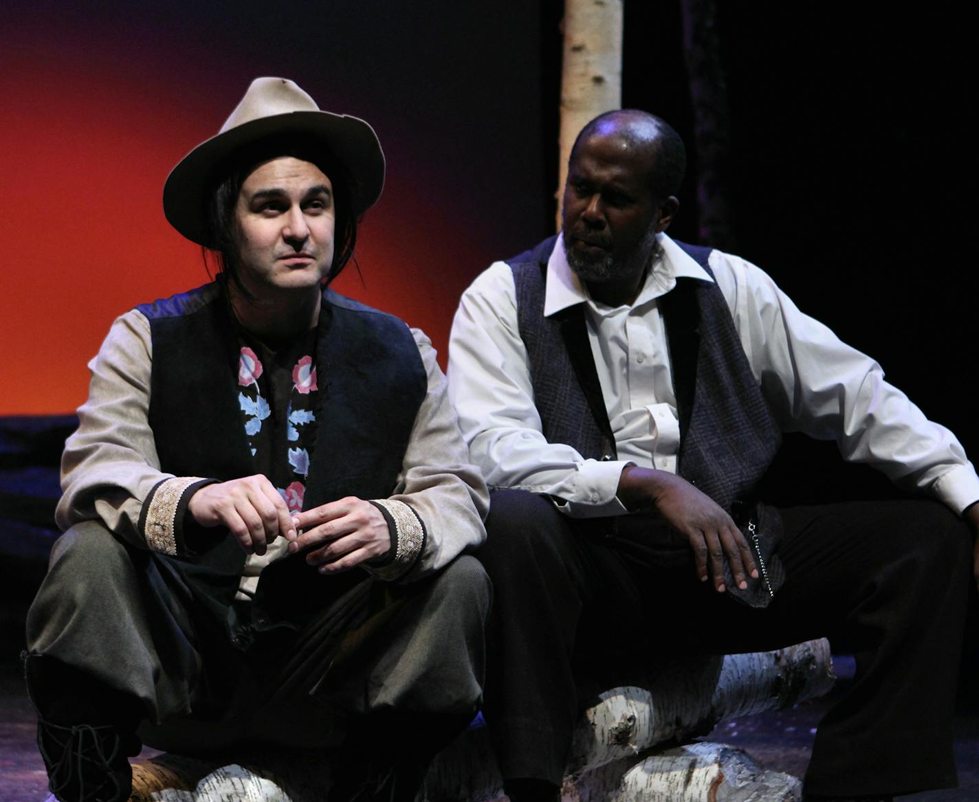 Jake Waid and James A. Williams in "George Bonga: Black Voyageur" at the Minnesota History Theatre. credit: Scott Pakudaitis