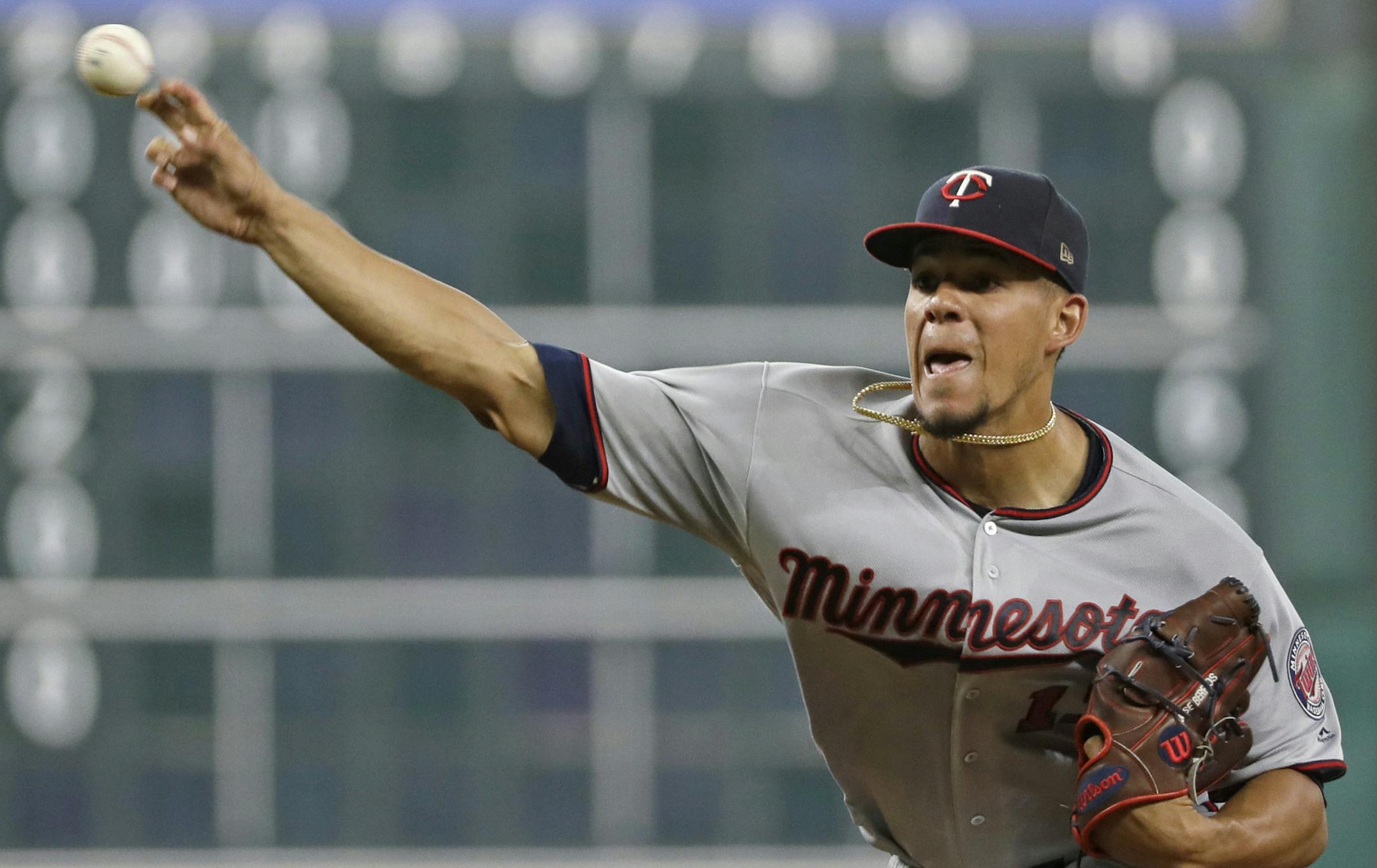 Minnesota Twins starting pitcher Jose Berrios throws during the second inning of the team's baseball game against the Houston Astros on Friday, July 14, 2017, in Houston. (AP Photo/David J. Phillip)
