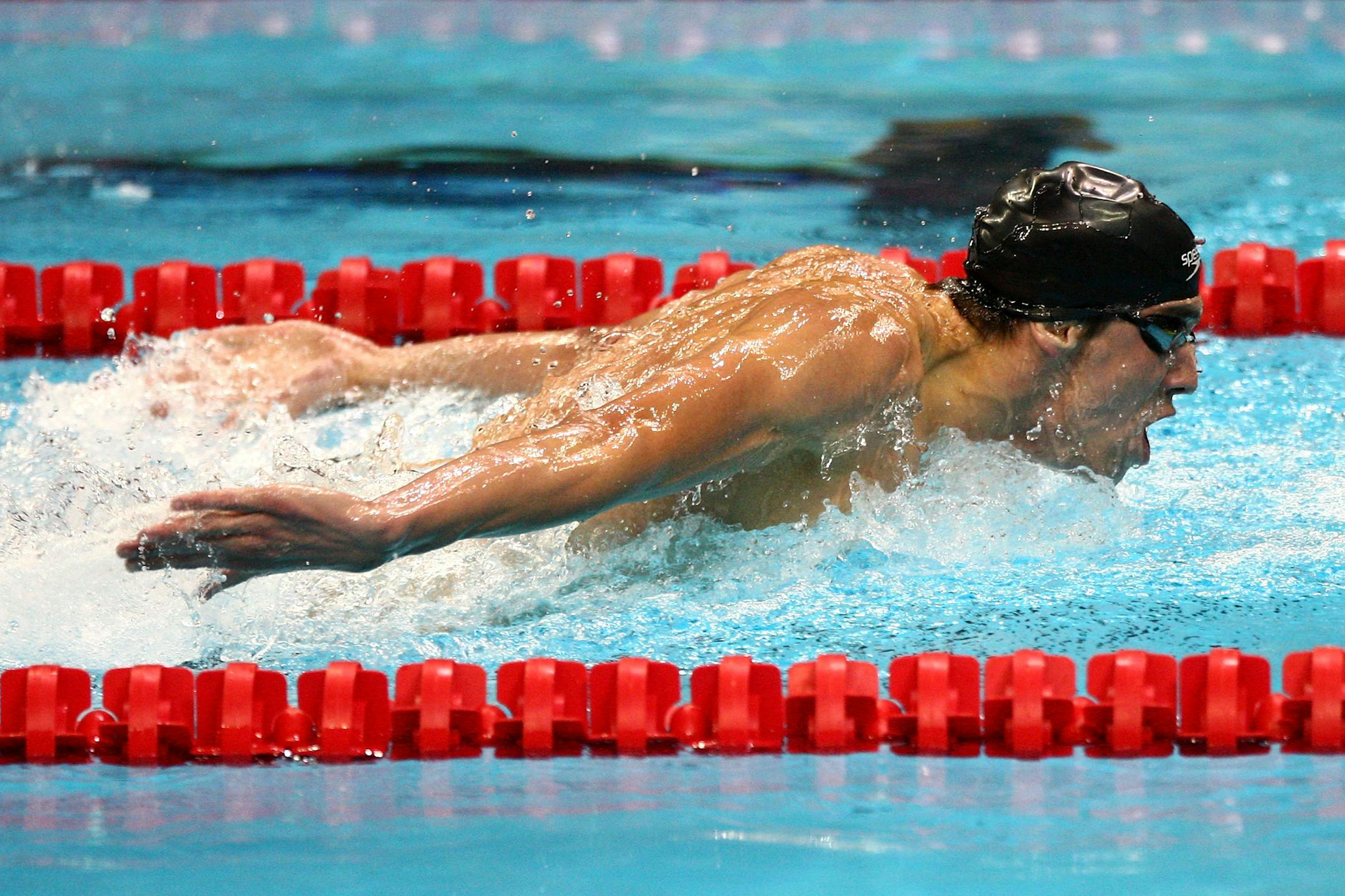 OMAHA, NE - JULY 02: Michael Phelps swims to the wall en route to winning the final of the 200 meter butterfly during the U.S. Swimming Olympic Trials on July 2, 2008 at the Qwest Center in Omaha, Nebraska.