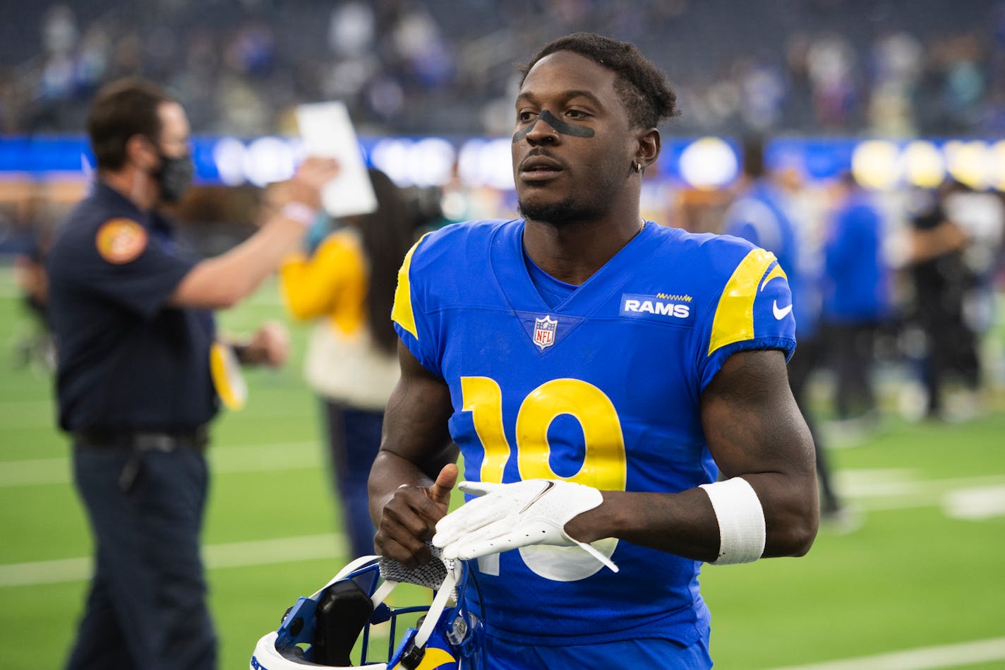 Los Angeles Rams running back Brandon Powell (19) walks off the field after an NFL football game against the Jacksonville Jaguars Sunday, Dec. 5, 2021, in Inglewood, Calif. (AP Photo/Kyusung Gong)