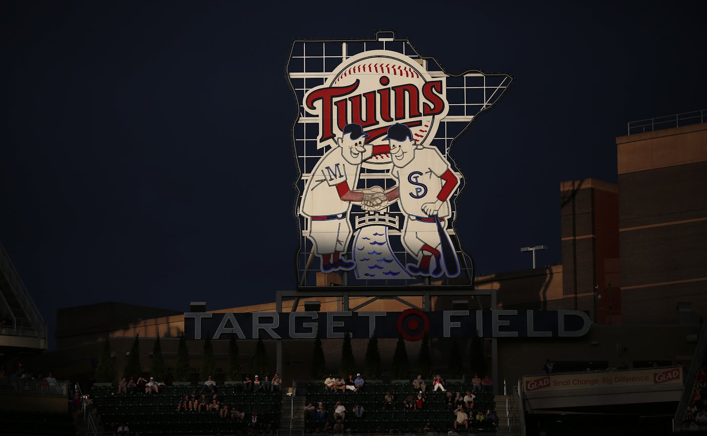 A beam of light illuminated the Twins sign in centerfield in the third inning of Tuesday night's game between the Minnesota Twins and Texas Rangers at Target Field. ] CARLOS GONZALEZ cgonzalez@startribune.com - May 27, 2014, Minneapolis, Minn., Target Field, MLB, Minnesota Twins vs. Texas Rangers