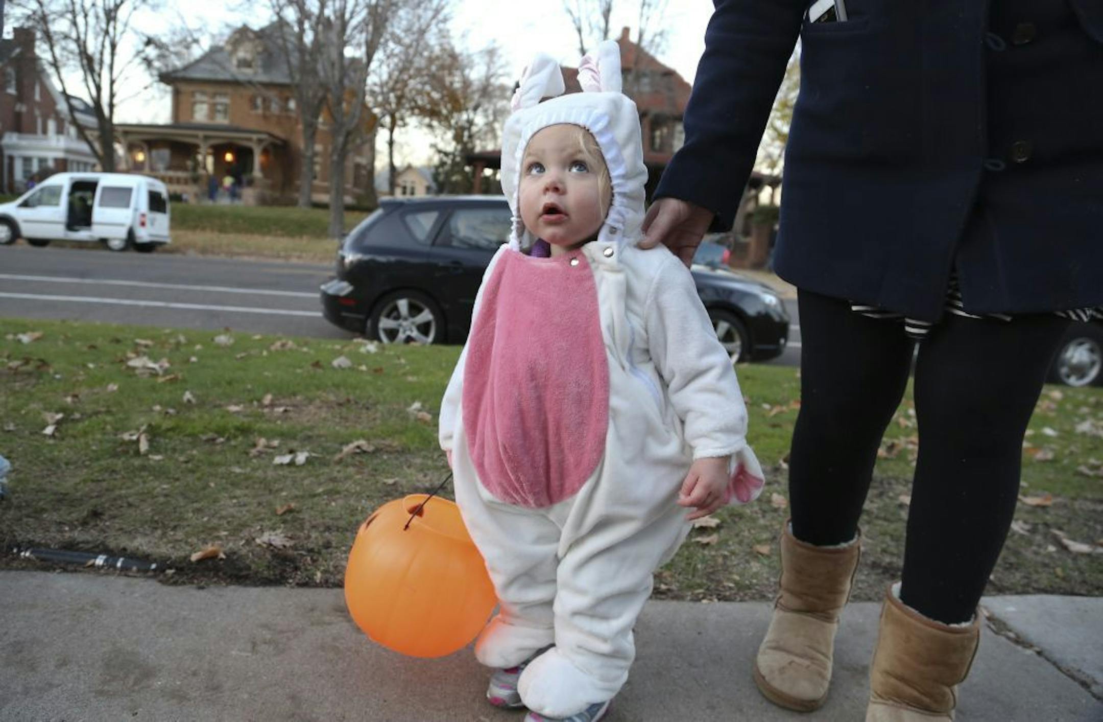 Georgie Berg, 17 months, of St. Paul, was a nervous bunny during her first trick or treating venture on Halloween at the governors's mansion in St Paul, Min., Wednesday October 31, 2012.