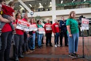 Sara Franck, president of AFSCME 2474, speaks during a press conference at Hennepin County Government Center in Minneapolis on Tuesday. Nurses with th