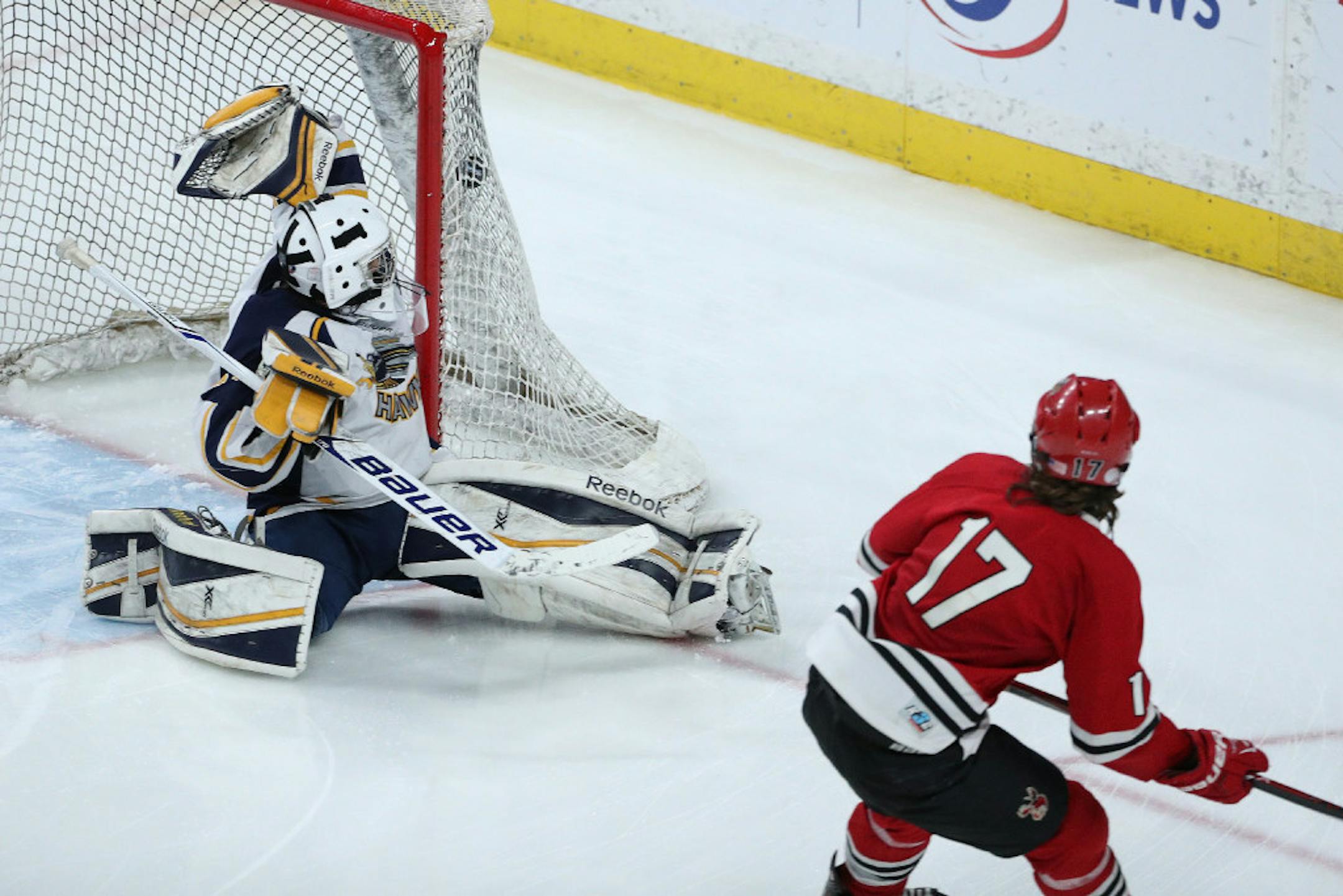 Monticello's Nick Zwack scored four goals during the boys' hockey state tournament, including this one against Hermantown in the Class 1A championship game on Saturday.