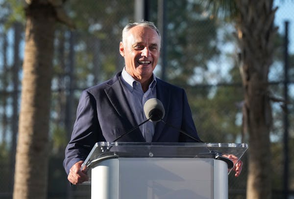 MLB Commissioner Rob Manfred speaks to the media and answers questions during baseball spring training in Dunedin, Fla., Thursday, Feb. 16, 2023. (Nat